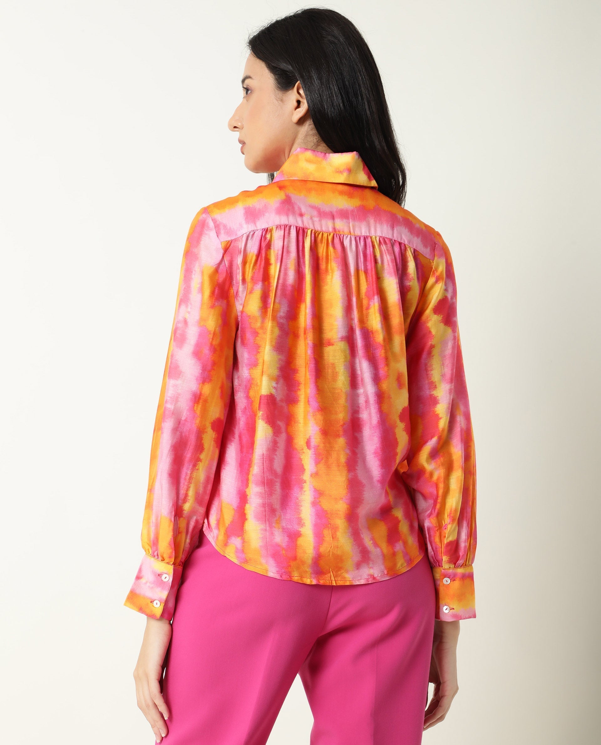 Rareism Women's Dense Pink Spread Collar Color Block Balloon Sleeve Knee Length Tailored Top