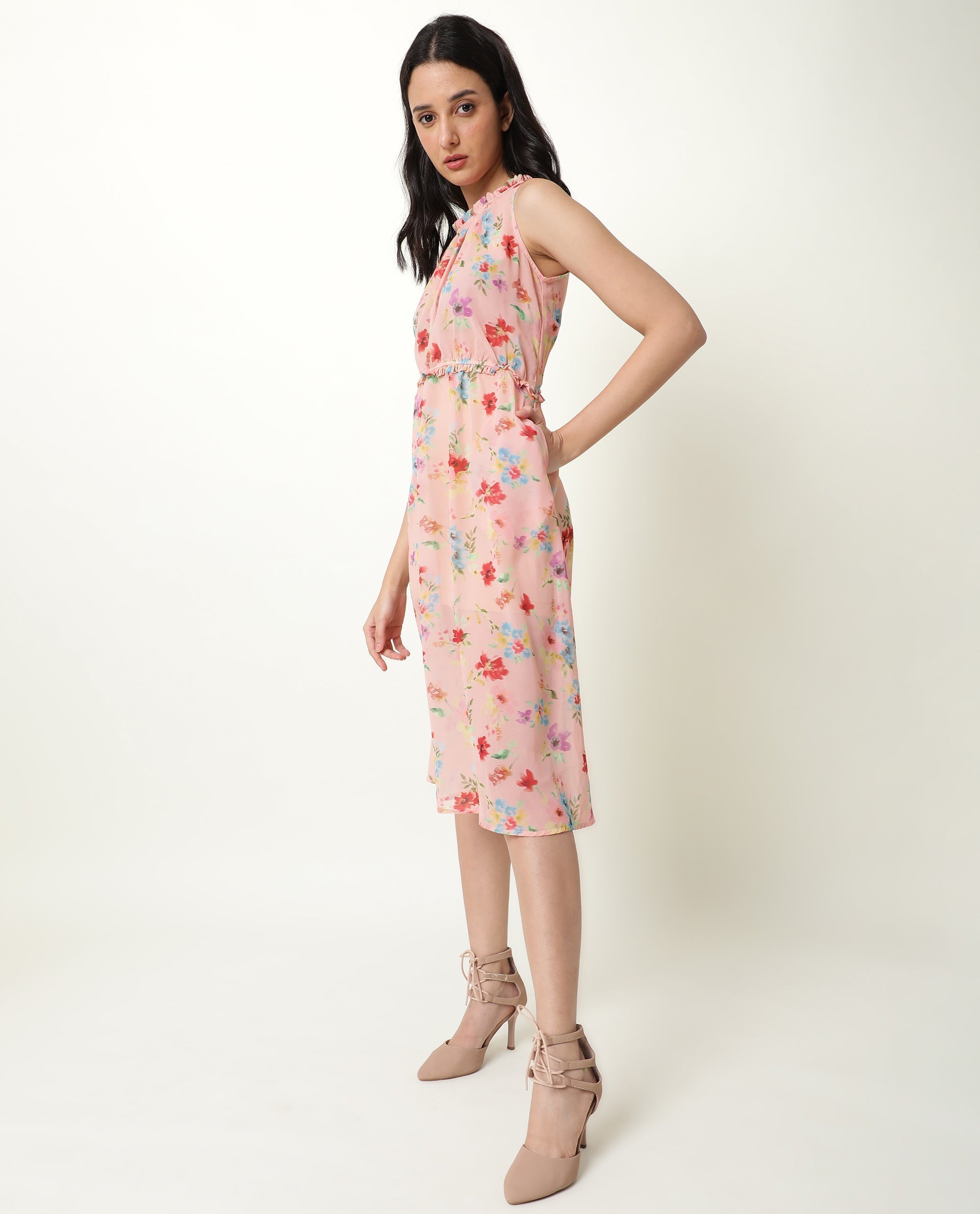 Rareism Women's Sack Peach Viscose Crew Neck Floral Print Sleeveless Knee Length Relaxed Fit Dress