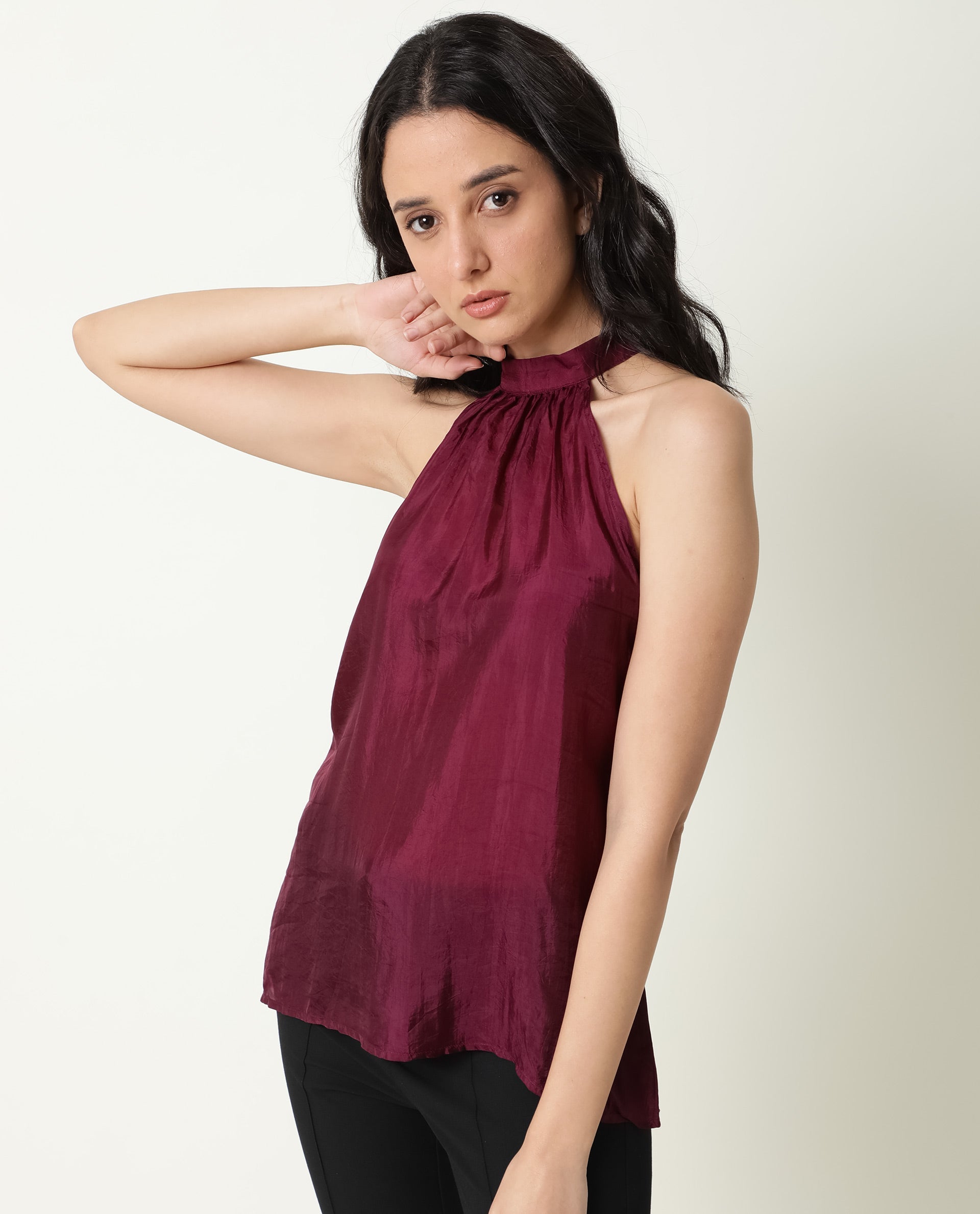 Rareism Womens Sahano Maroon Top Poly Viscose Fabric Sleeveless Halter Neck