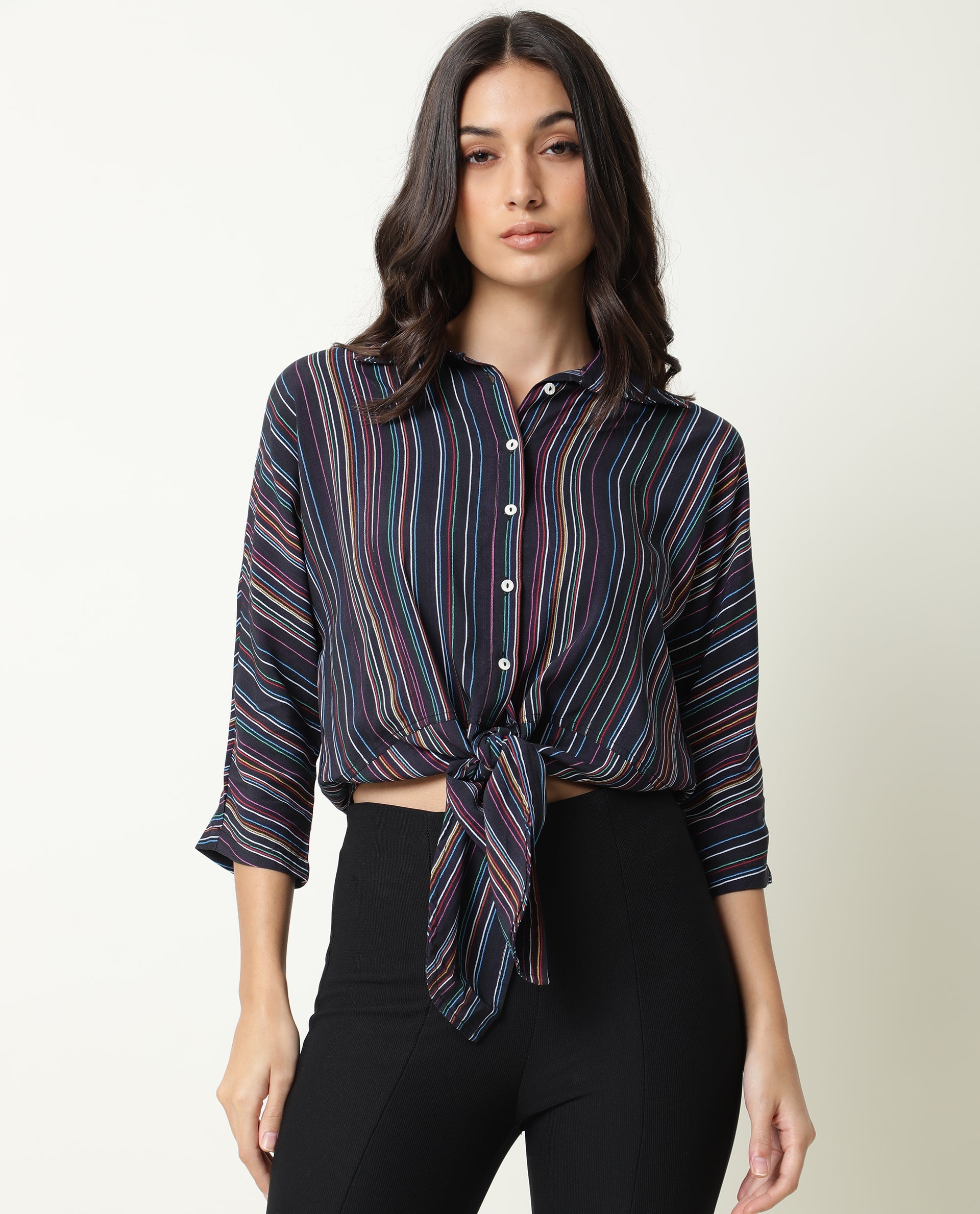 Rareism Women Thesis Black Viscose Fabric Relaxed Fit Collarless 3/4Th Sleeves Striped Top
