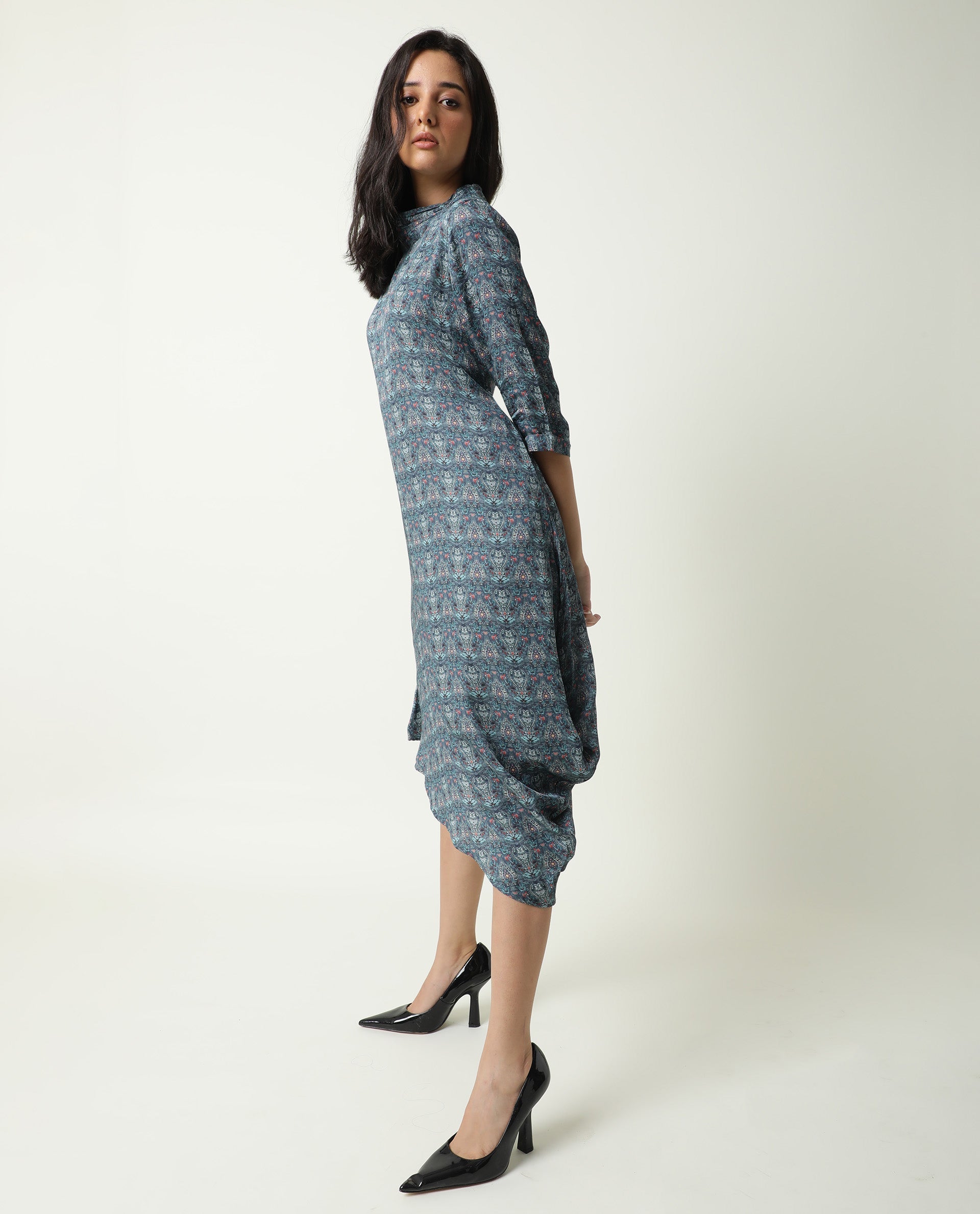Rareism Women Hairen Grey Abstract Print Band Collar 3/4 Sleeves Asymmetric Knee Length Dress