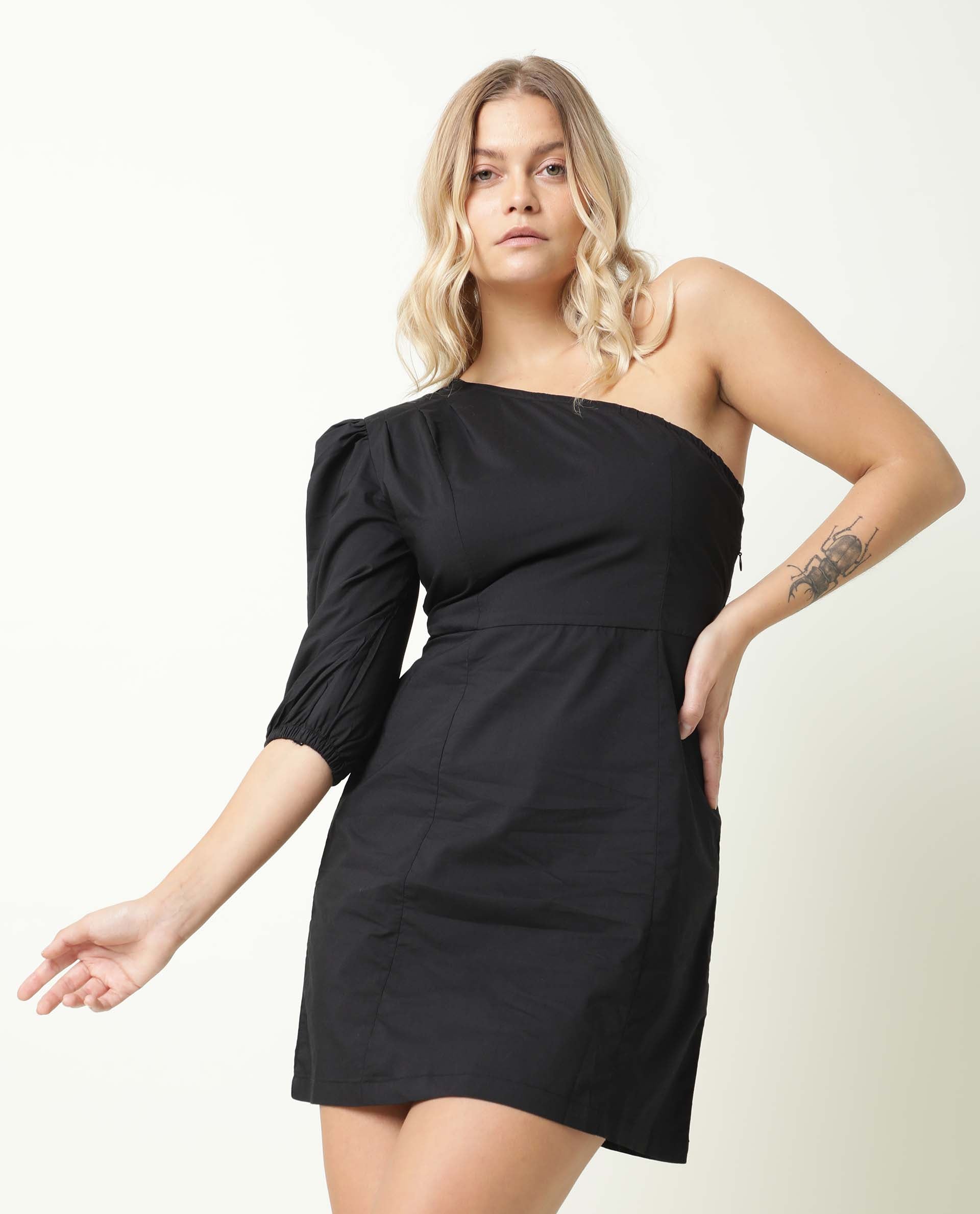 Rareism Women's Floris Black Polyester Blend One Shoulder Plain Puff Sleeves Knee Length Slim Fit Dress