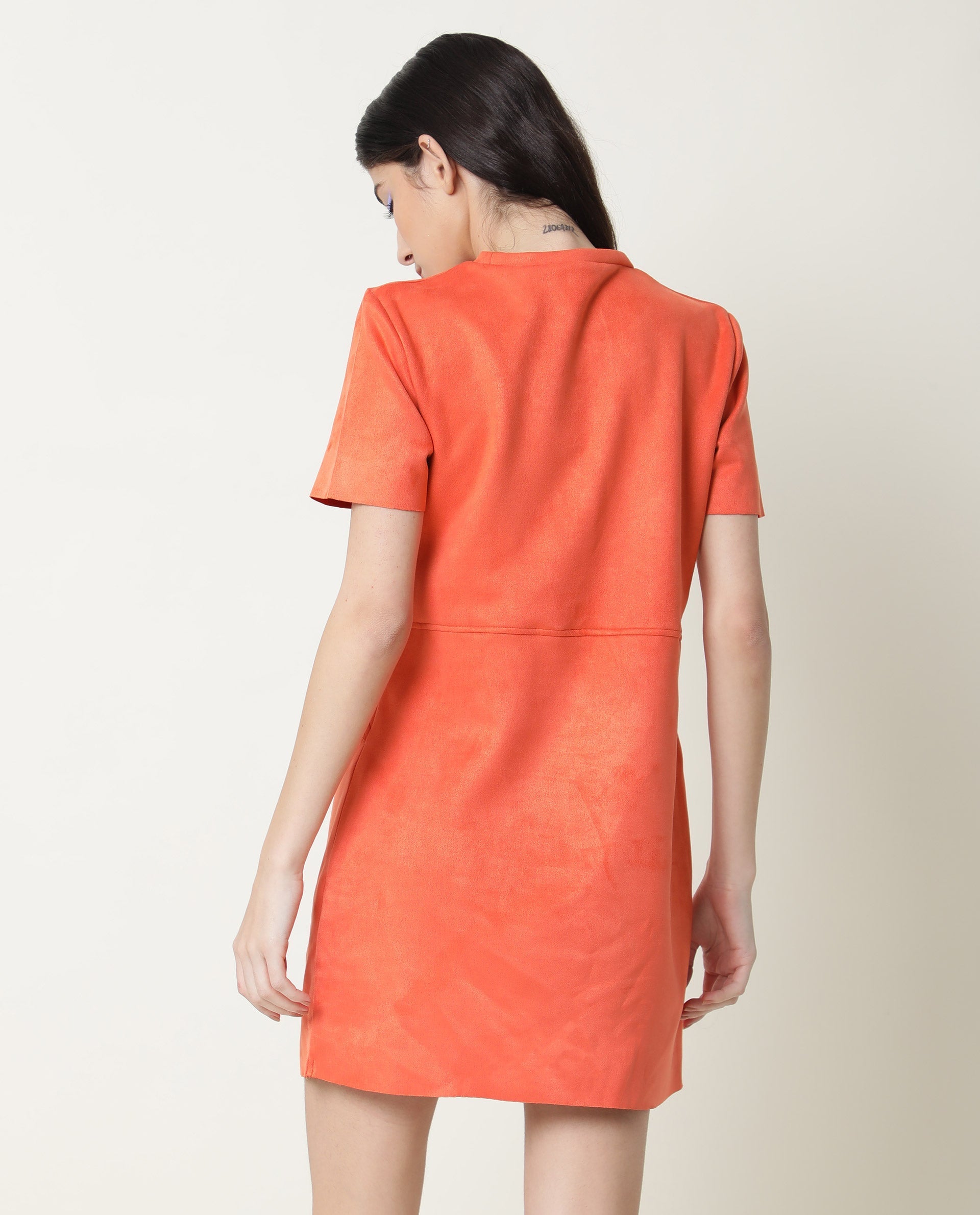 Rareism Women's Sions Orange Polyester Crew Neck Plain Knee Length Tailored Dress
