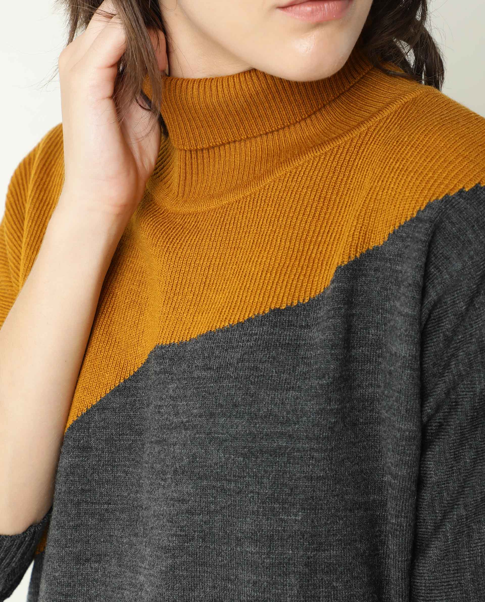 Rareism Women's Spaton Grey Acrylic High Neck Color Block Knee Length Regular Fit Sweater