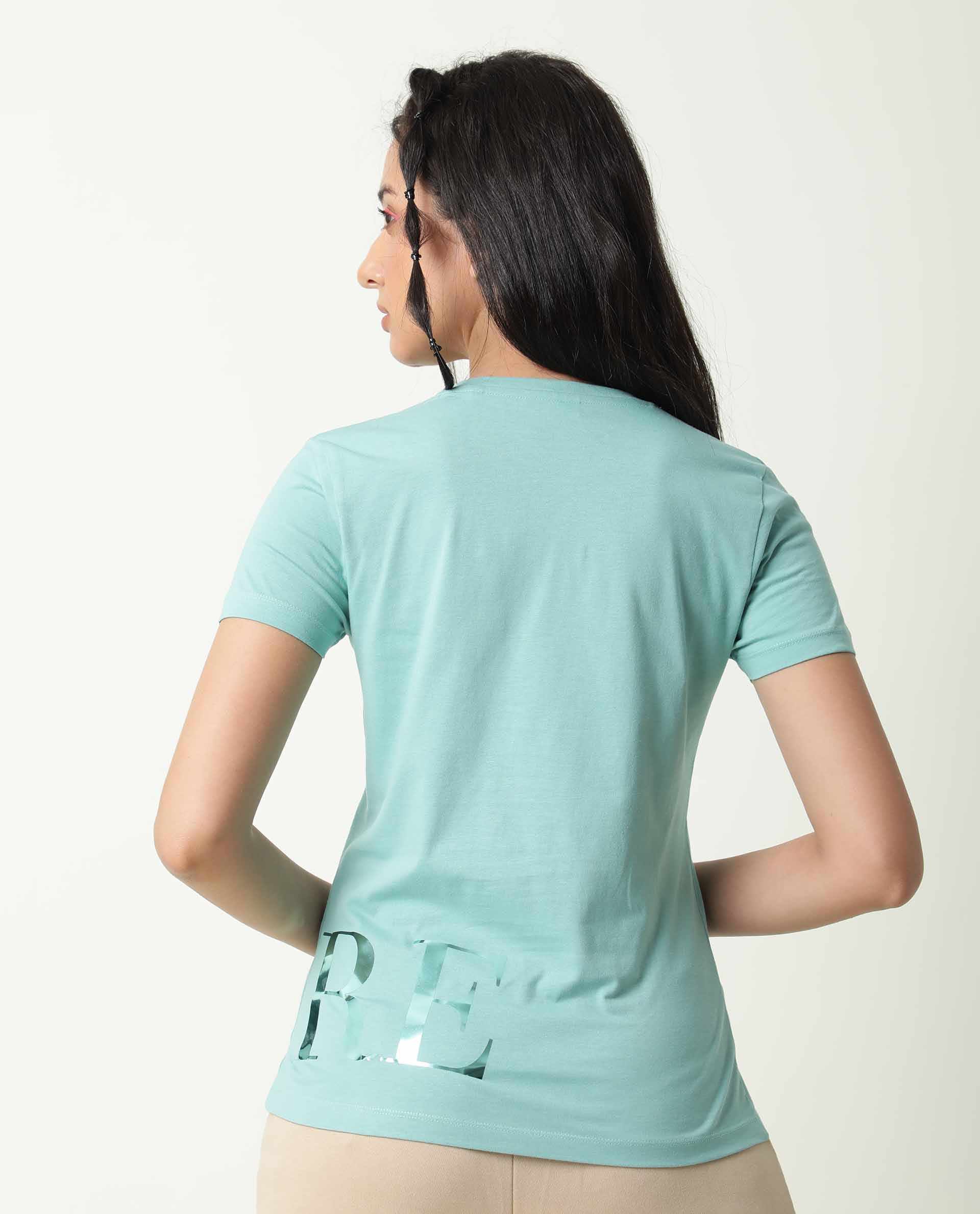 Rareism Women Donovan Green Cotton Fabric Regular Fit Half Sleeves Graphic Print Crew Neck T-Shirt