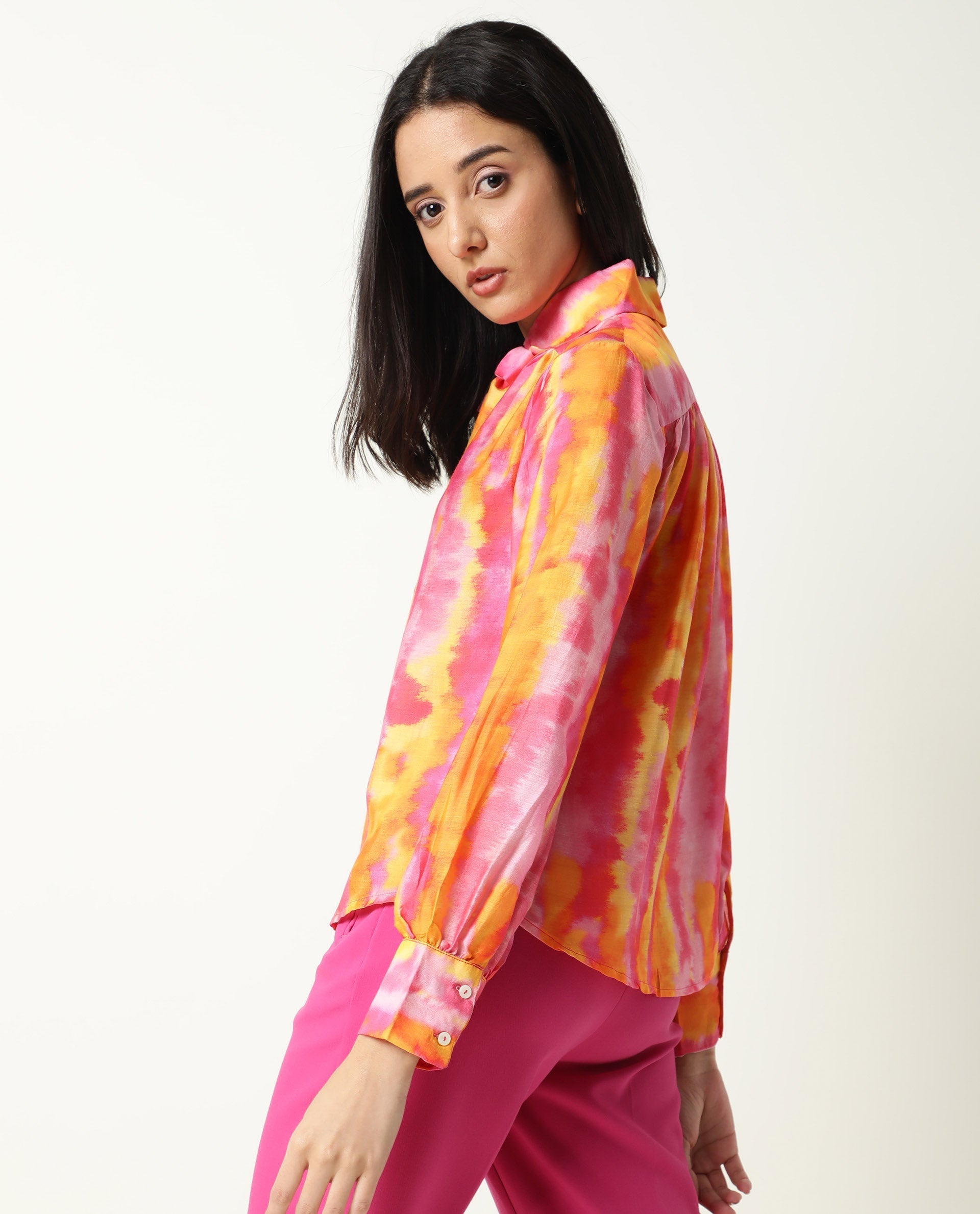Rareism Women's Dense Pink Spread Collar Color Block Balloon Sleeve Knee Length Tailored Top
