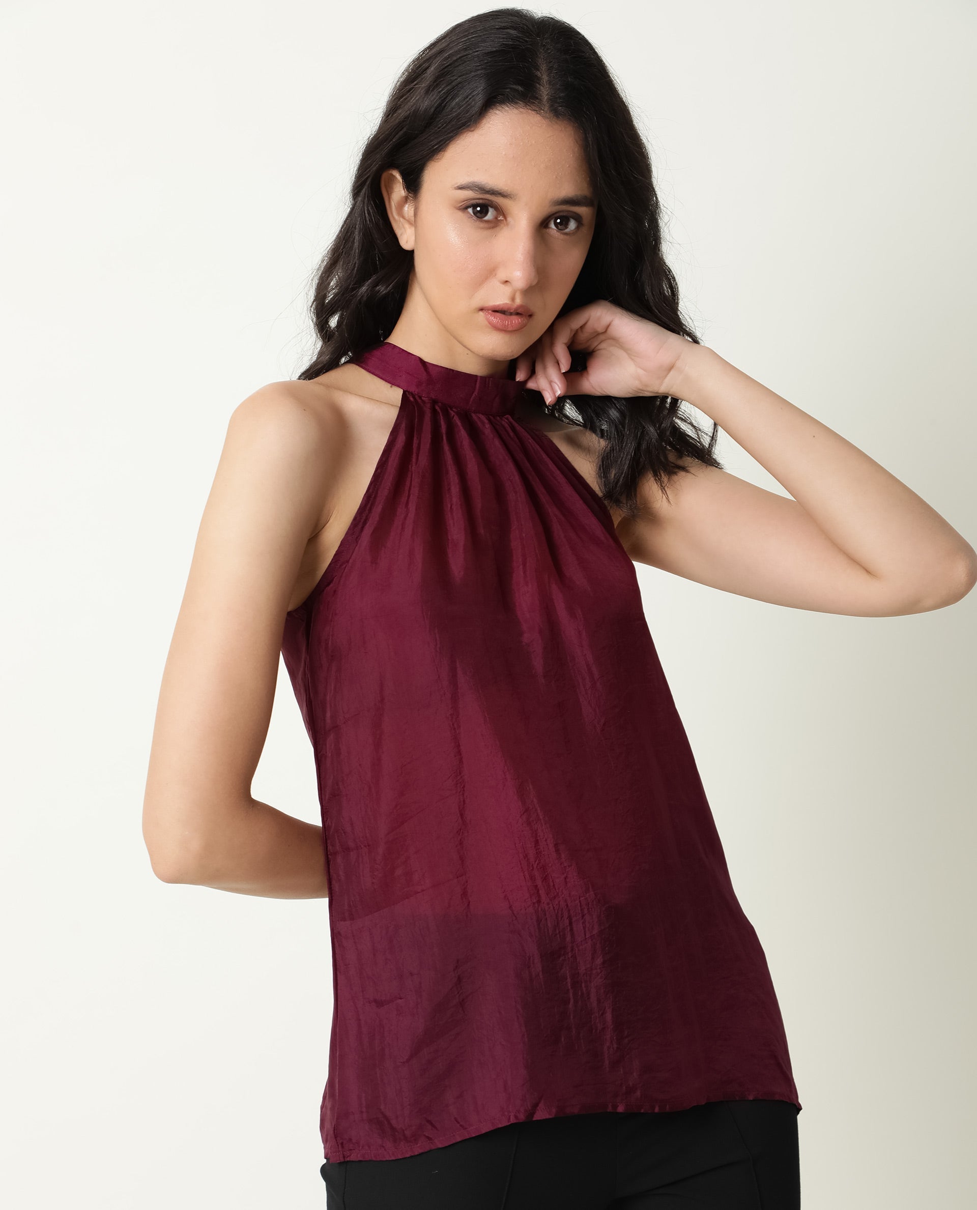 Rareism Womens Sahano Maroon Top Poly Viscose Fabric Sleeveless Halter Neck