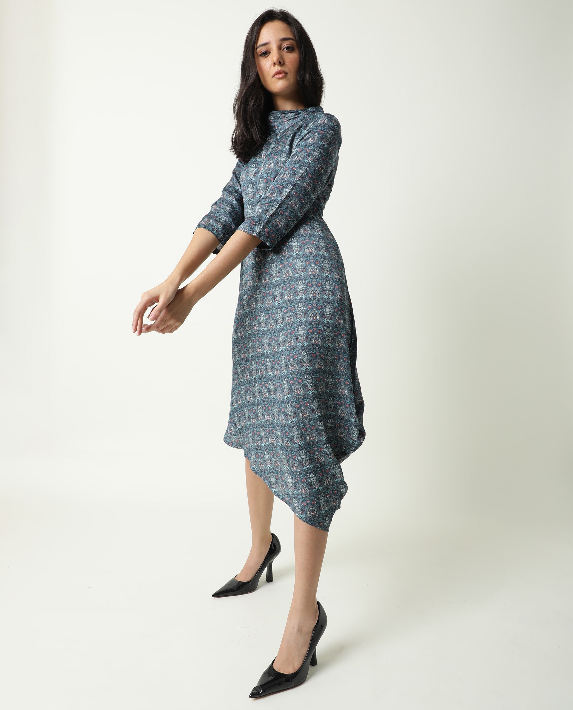 Rareism Women Hairen Grey Abstract Print Band Collar 3/4 Sleeves Asymmetric Knee Length Dress