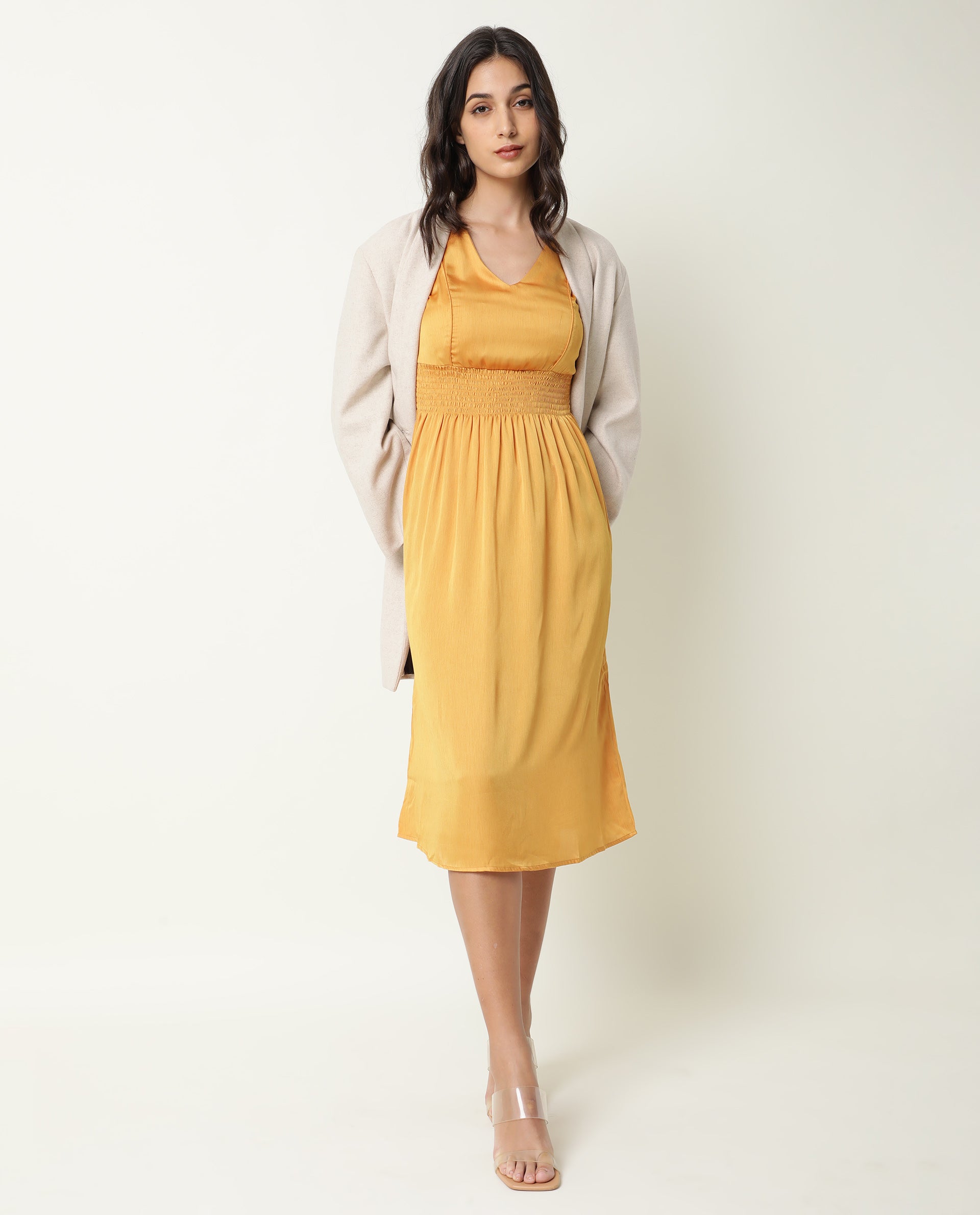 Rareism Women's Milux Mustard V-Neck Plain Sleeveless Knee Length Regular Fit Dress