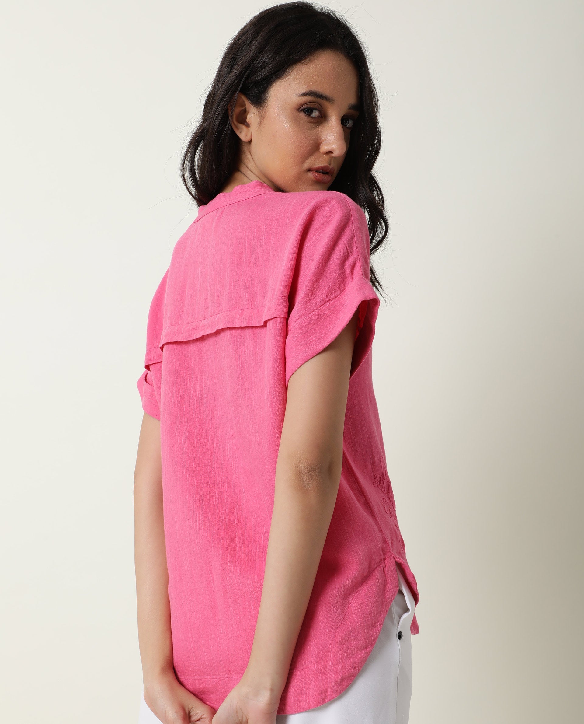 Rareism Womens Rebecca Pink Top Cotton Linen Fabric Short Sleeve V Neck