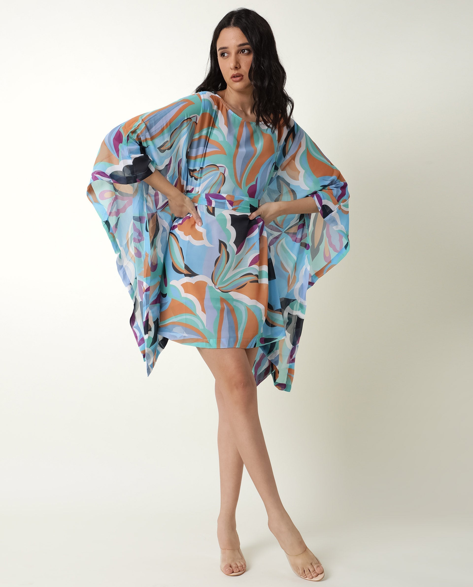 Rareism Women's Meevio Multi Boat Neck Abstract Print Flared Sleeve Knee Length Regular Fit Dress