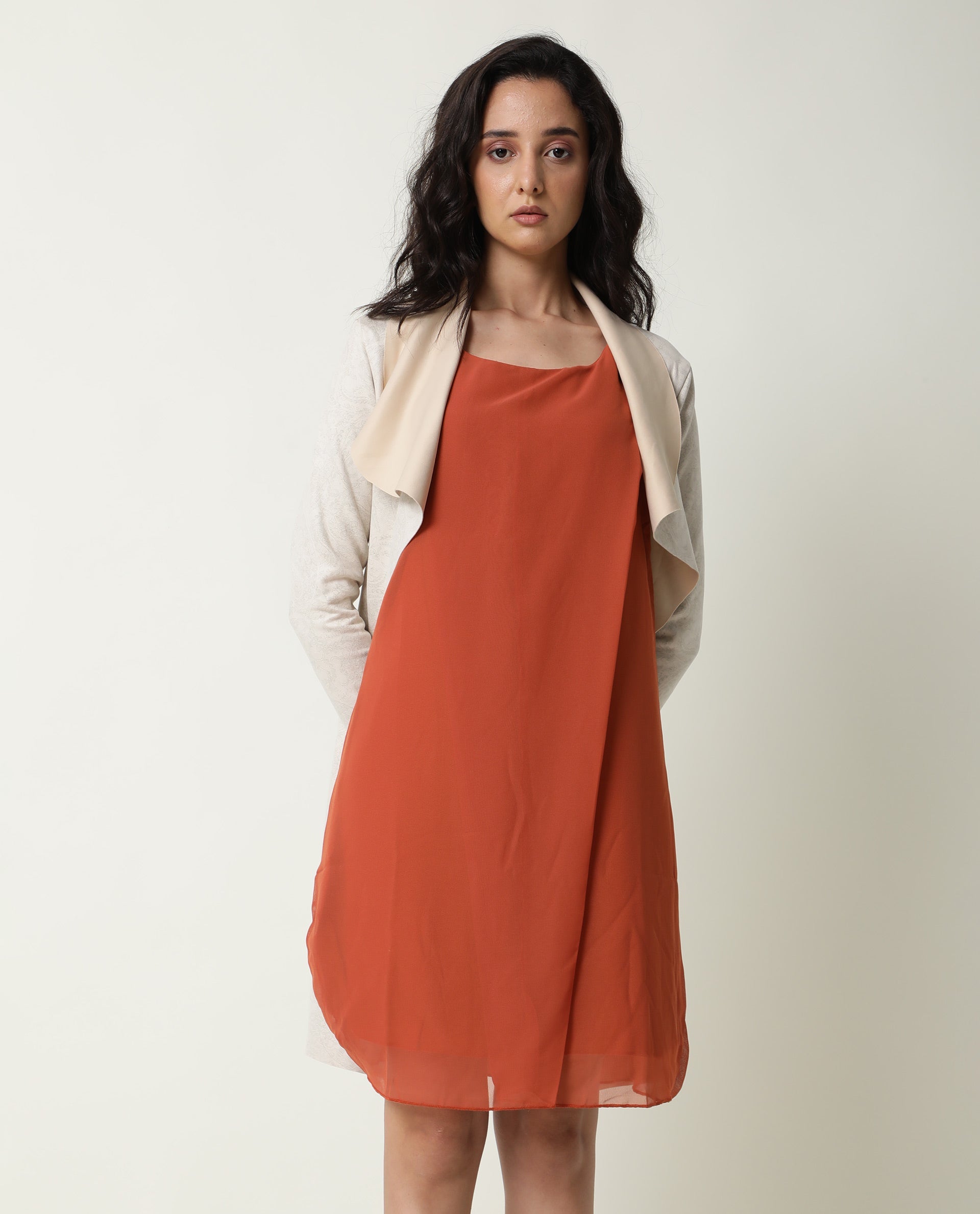 Rareism Women Saabo Dark Rust Boat Neck Sleeveless Side Zip Closure Knee Length Dress