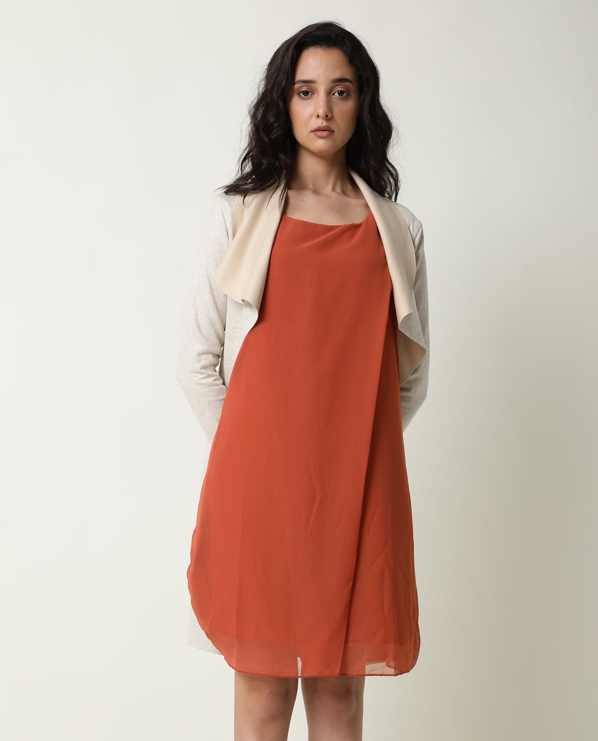 Rareism Women Saabo Dark Rust Boat Neck Sleeveless Side Zip Closure Knee Length Dress