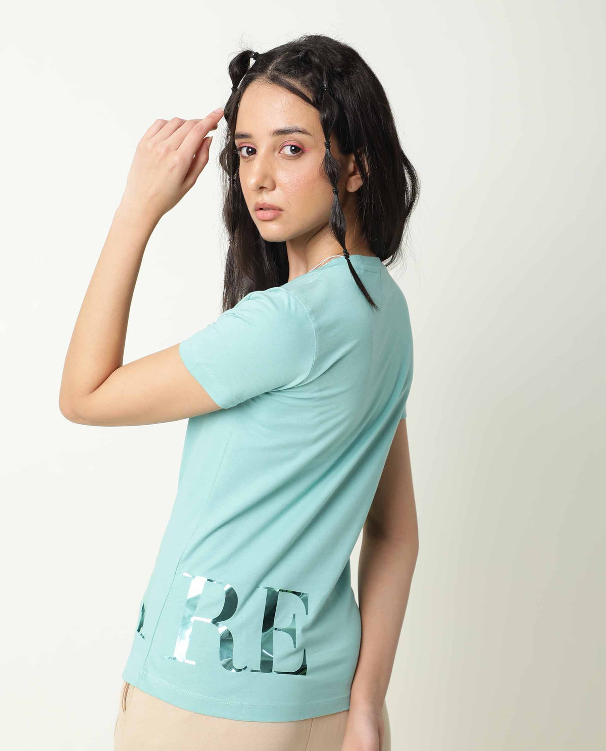Rareism Women Donovan Green Cotton Fabric Regular Fit Half Sleeves Graphic Print Crew Neck T-Shirt