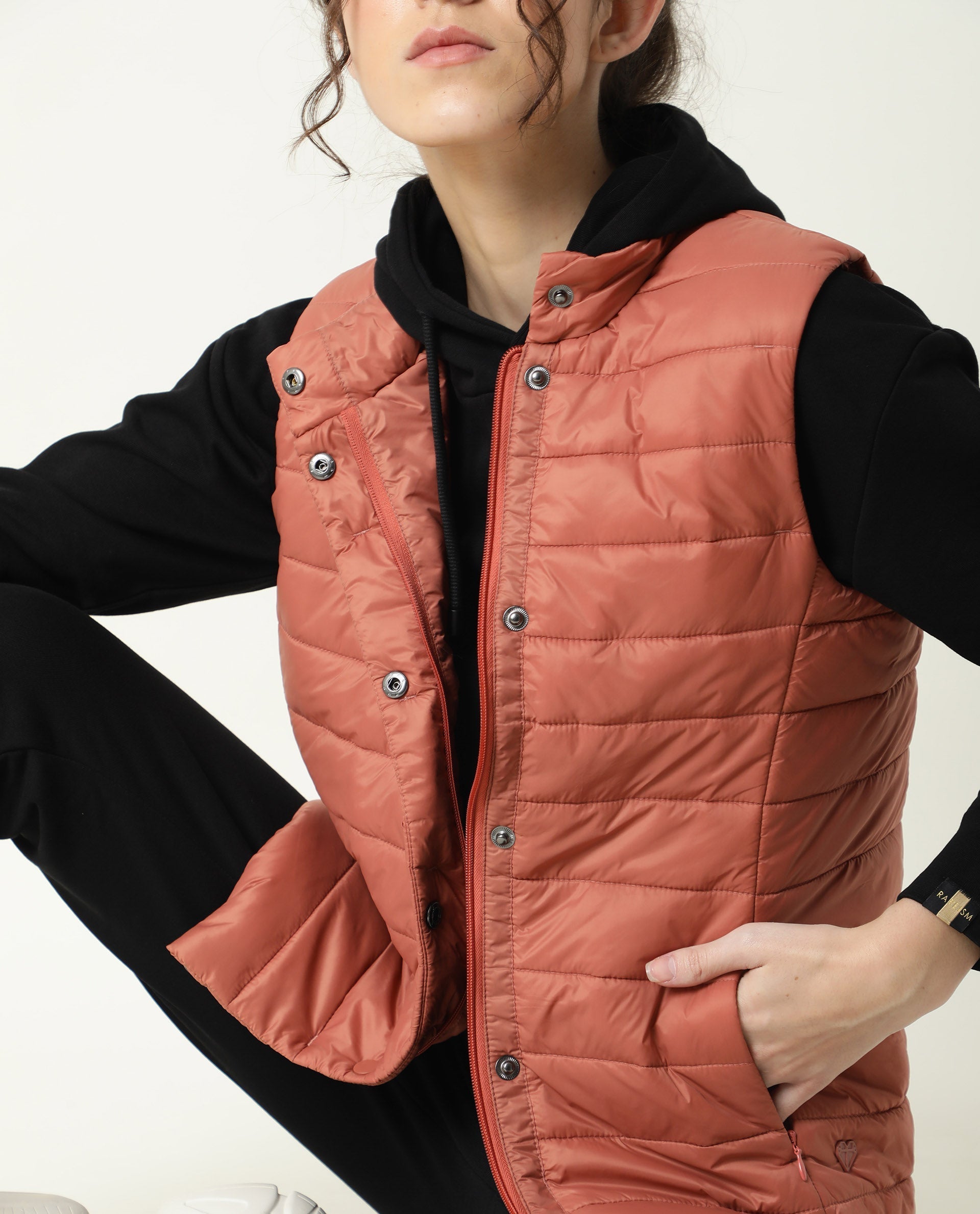 Rareism Women Trunk Dark Rust Sleeveless Solid Hooded Jacket