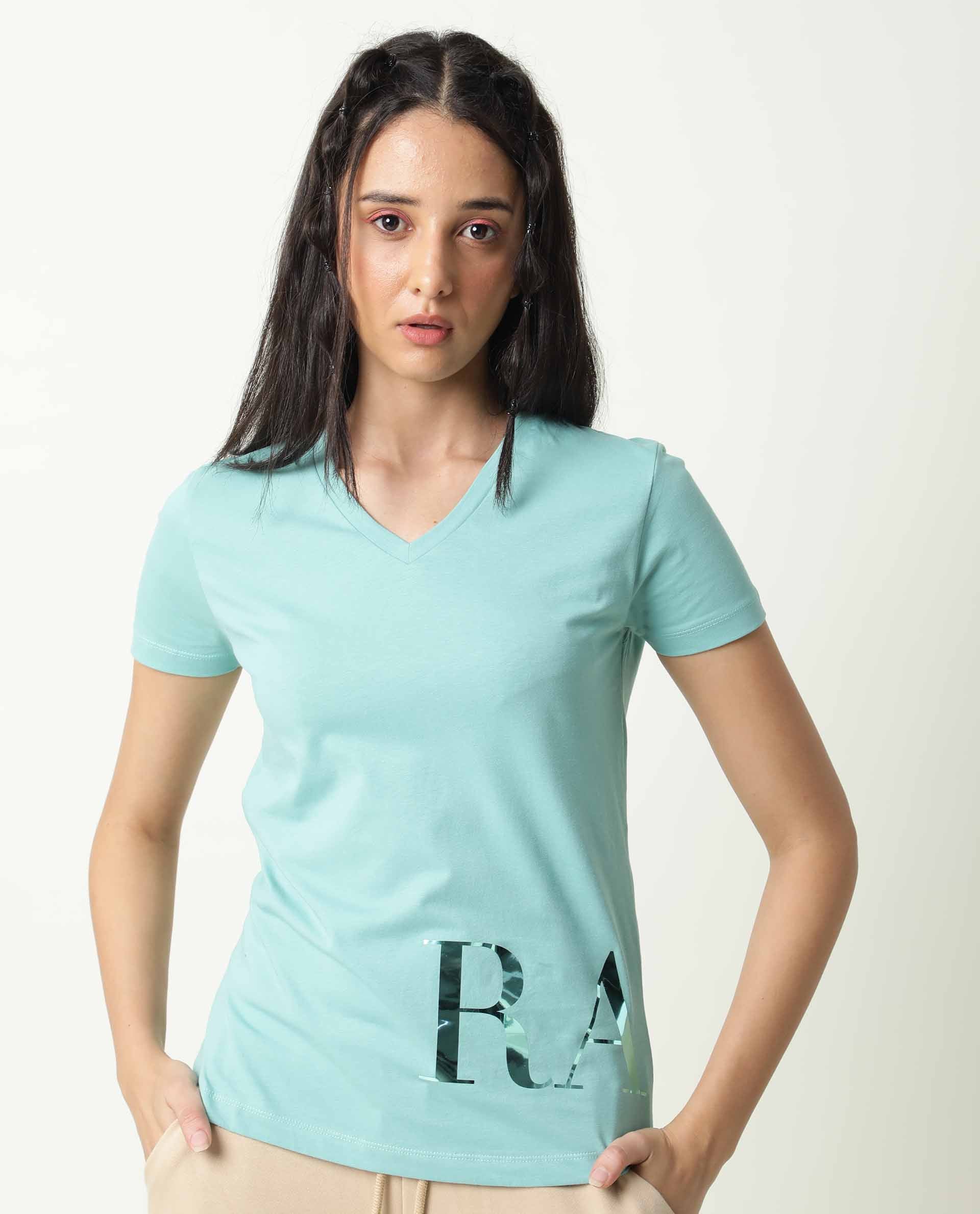 Rareism Women's Donovan Green Cotton Crew Neck Graphic Print Regular Fit T-Shirt