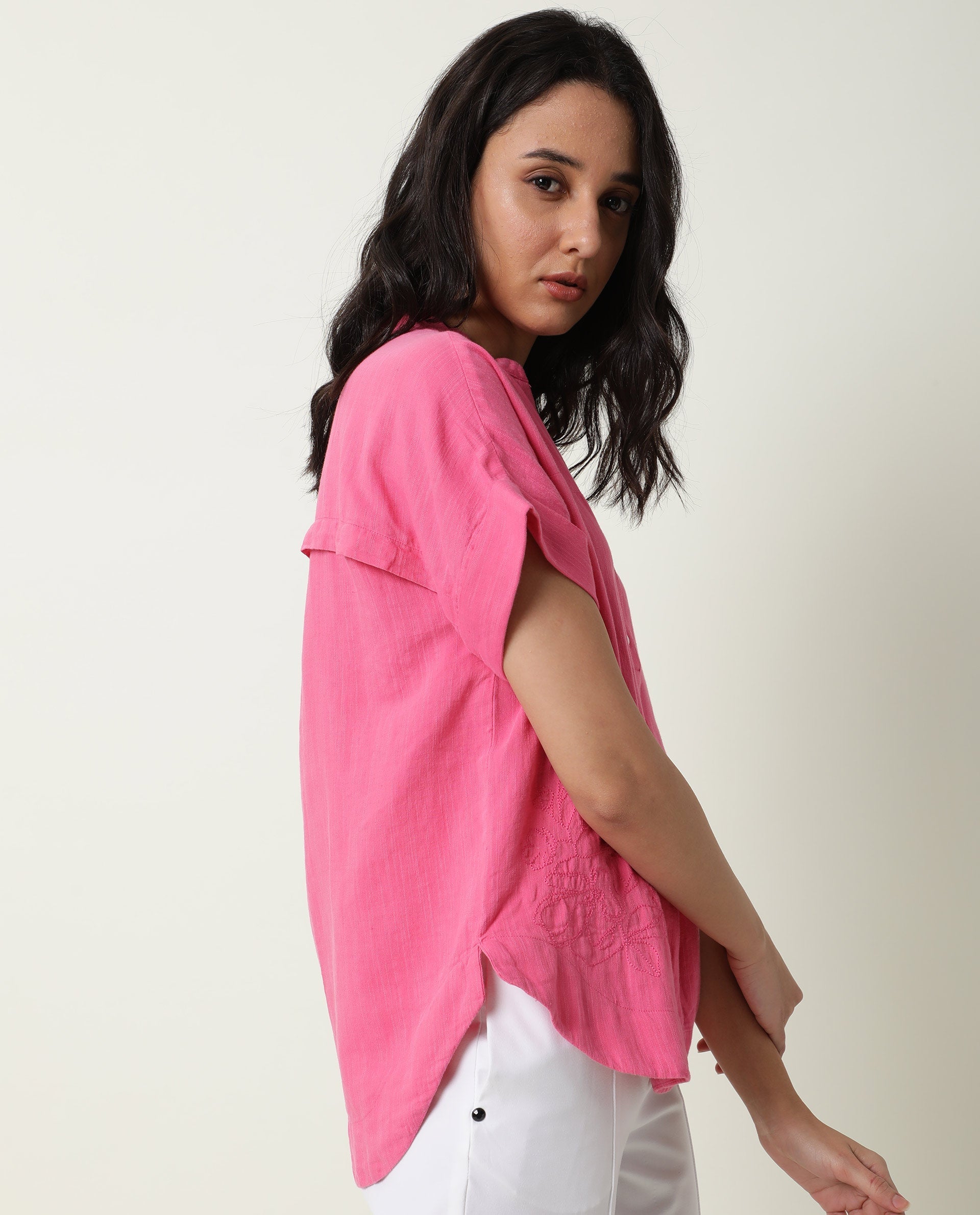 Rareism Womens Rebecca Pink Top Cotton Linen Fabric Short Sleeve V Neck