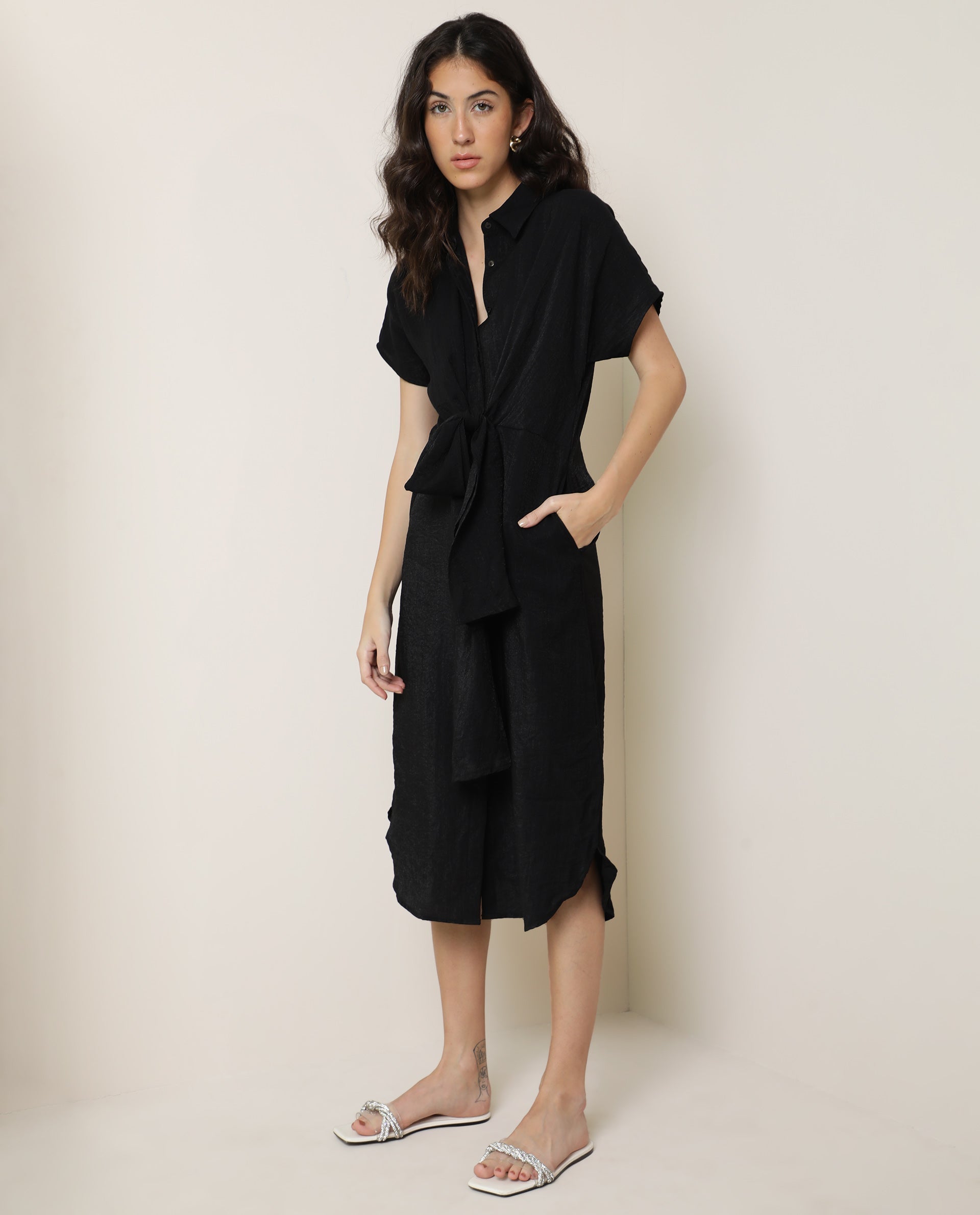 Rareism Women Kori Black Dress Rayon Nylon Fabric Full Sleeves Solid