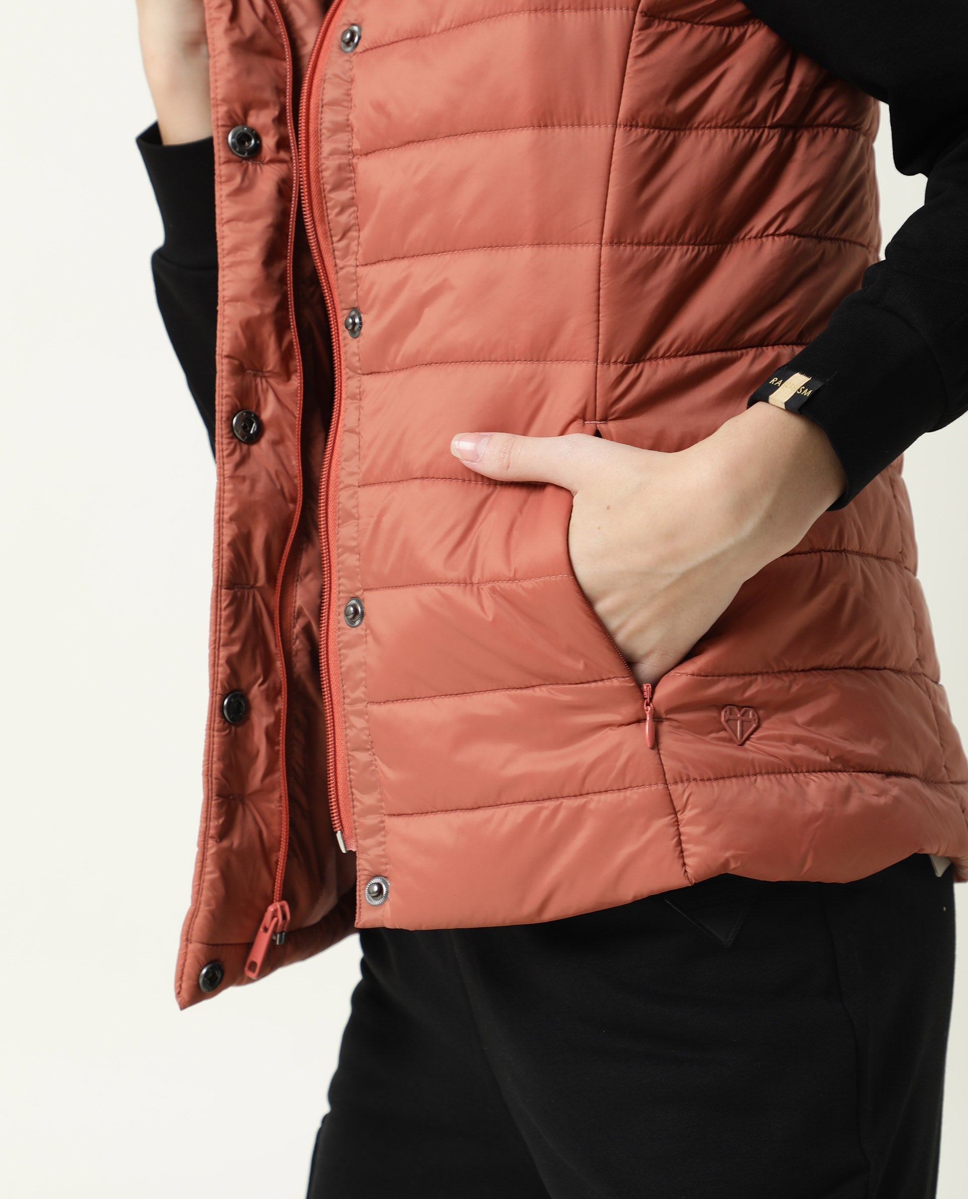 Rareism Women Trunk Dark Rust Sleeveless Solid Hooded Jacket