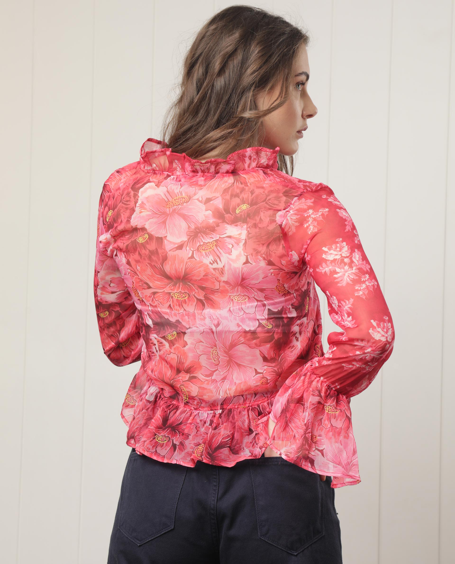 Rareism Women's Myloh Maroon Polyester V-Neck Floral Print Bell Sleeve Crop Regular Fit Shrug