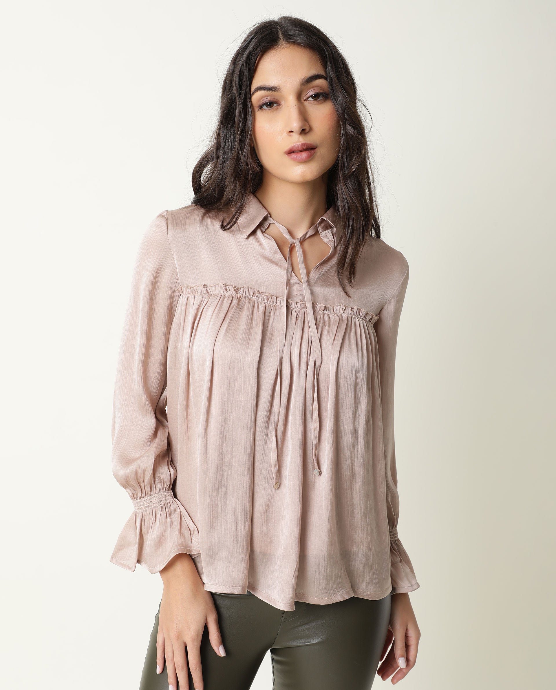 Rareism Women Poetess Light Pink Polyester Fabric Regular Fit Collared Neck Full Sleeves Solid Top
