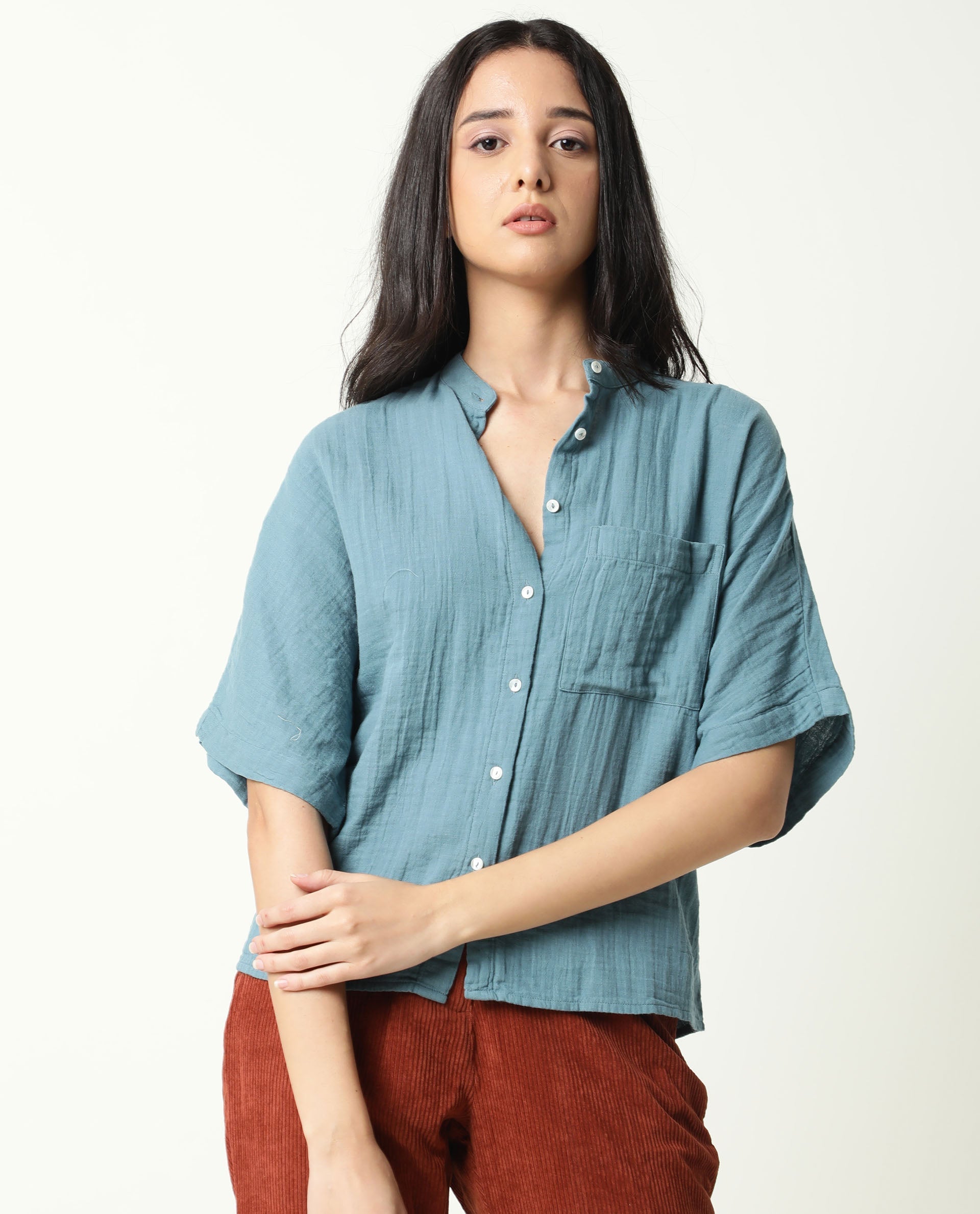 Rareism Women's Imro Green Mandarin Collar Plain Knee Length Tailored Top