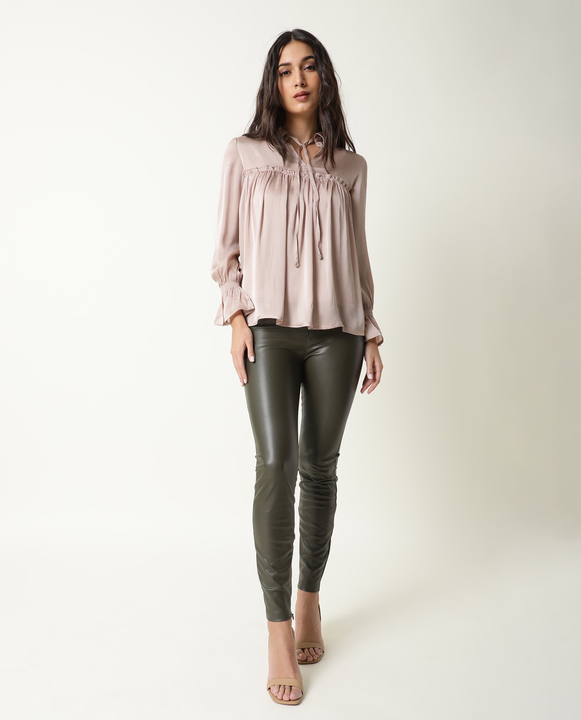 Rareism Women Poetess Light Pink Polyester Fabric Regular Fit Collared Neck Full Sleeves Solid Top