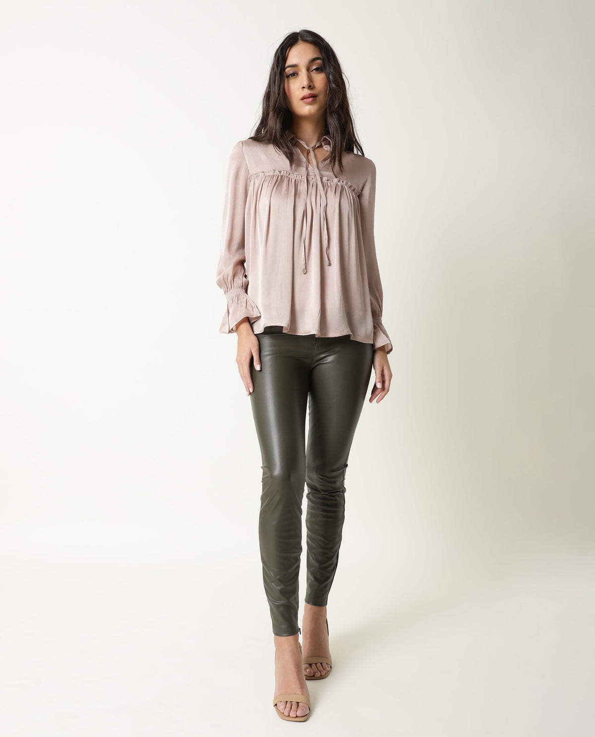 Rareism Women Poetess Light Pink Polyester Fabric Regular Fit Collared Neck Full Sleeves Solid Top
