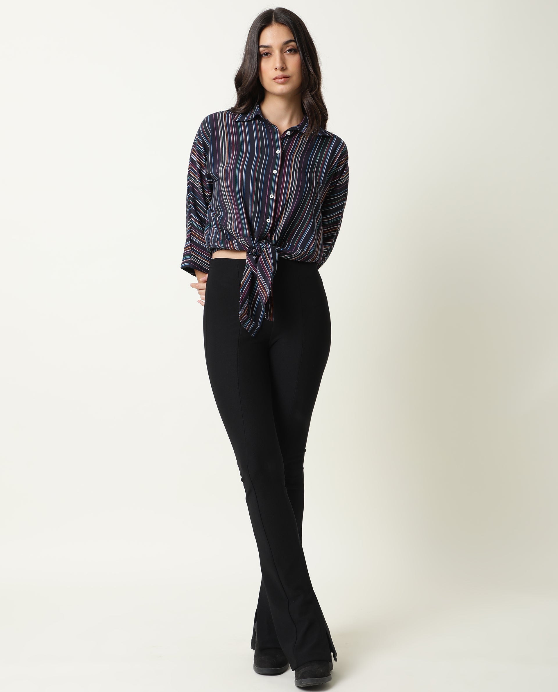 Rareism Women Thesis Black Viscose Fabric Relaxed Fit Collarless 3/4Th Sleeves Striped Top