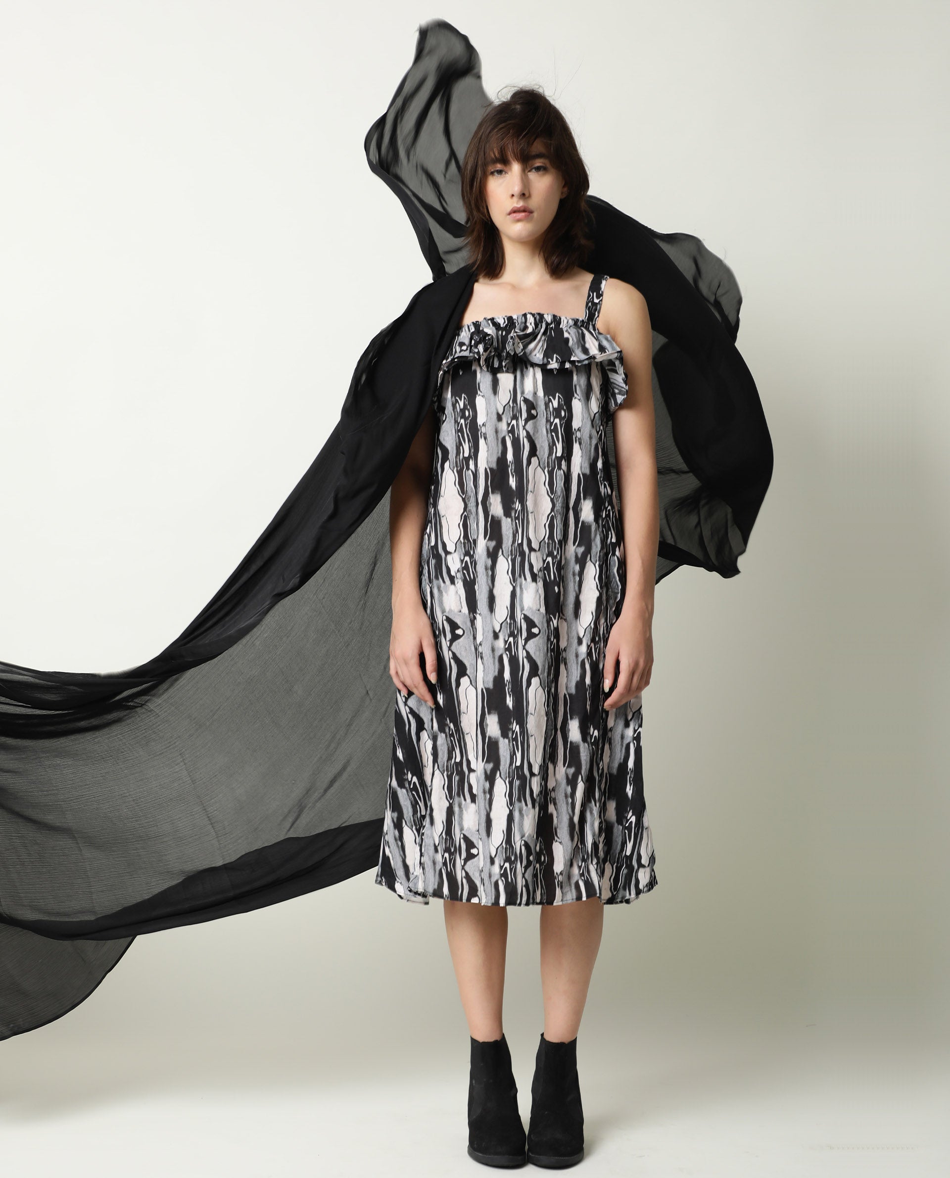 Rareism Women Darling Black Abstract Print Broad Shoulder Straps Ruffled Square Neck Midi Dress