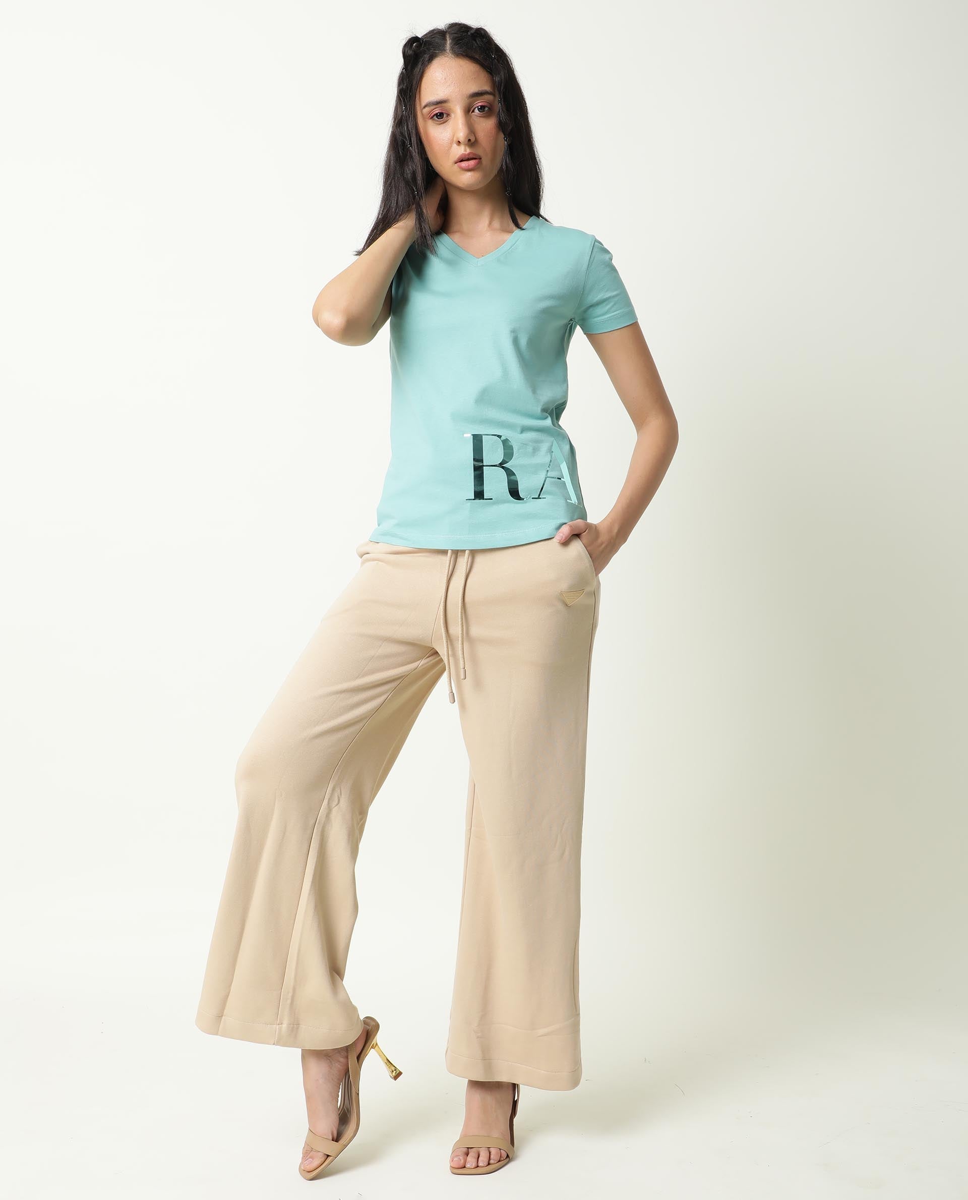 Rareism Women's Donovan Green Cotton Crew Neck Graphic Print Regular Fit T-Shirt