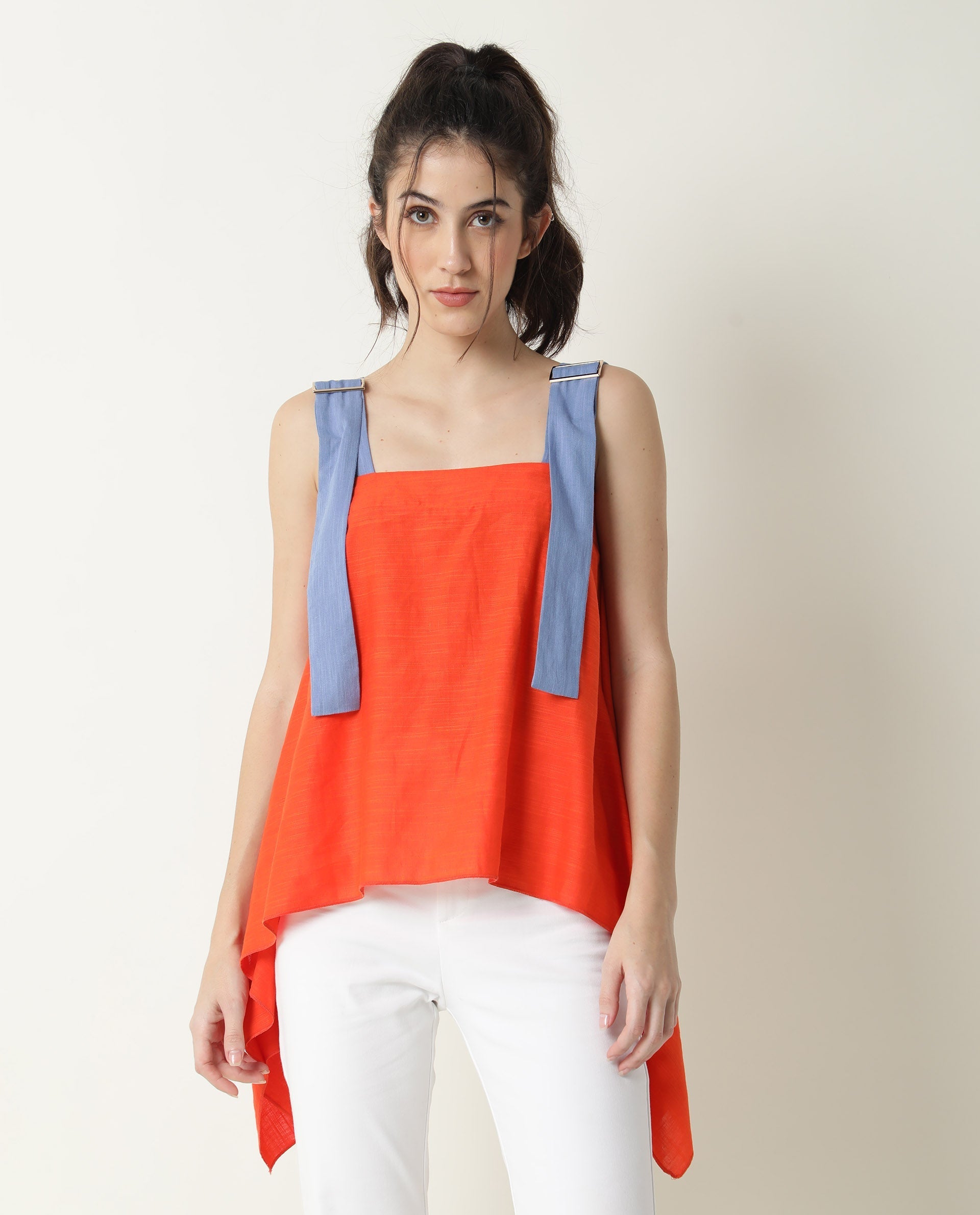 Rareism Womens Cronicle Blue Top Cotton Linen Fabric Regular Fit Sleeveless Square Neck