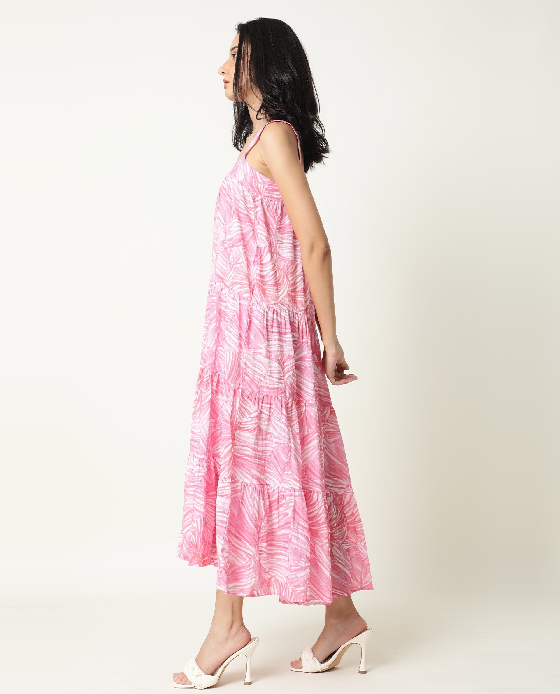Rareism Women's Toddle Pink Polyester Blend Square Neck Floral Print Shoulder Strap Maxi Flared Dress