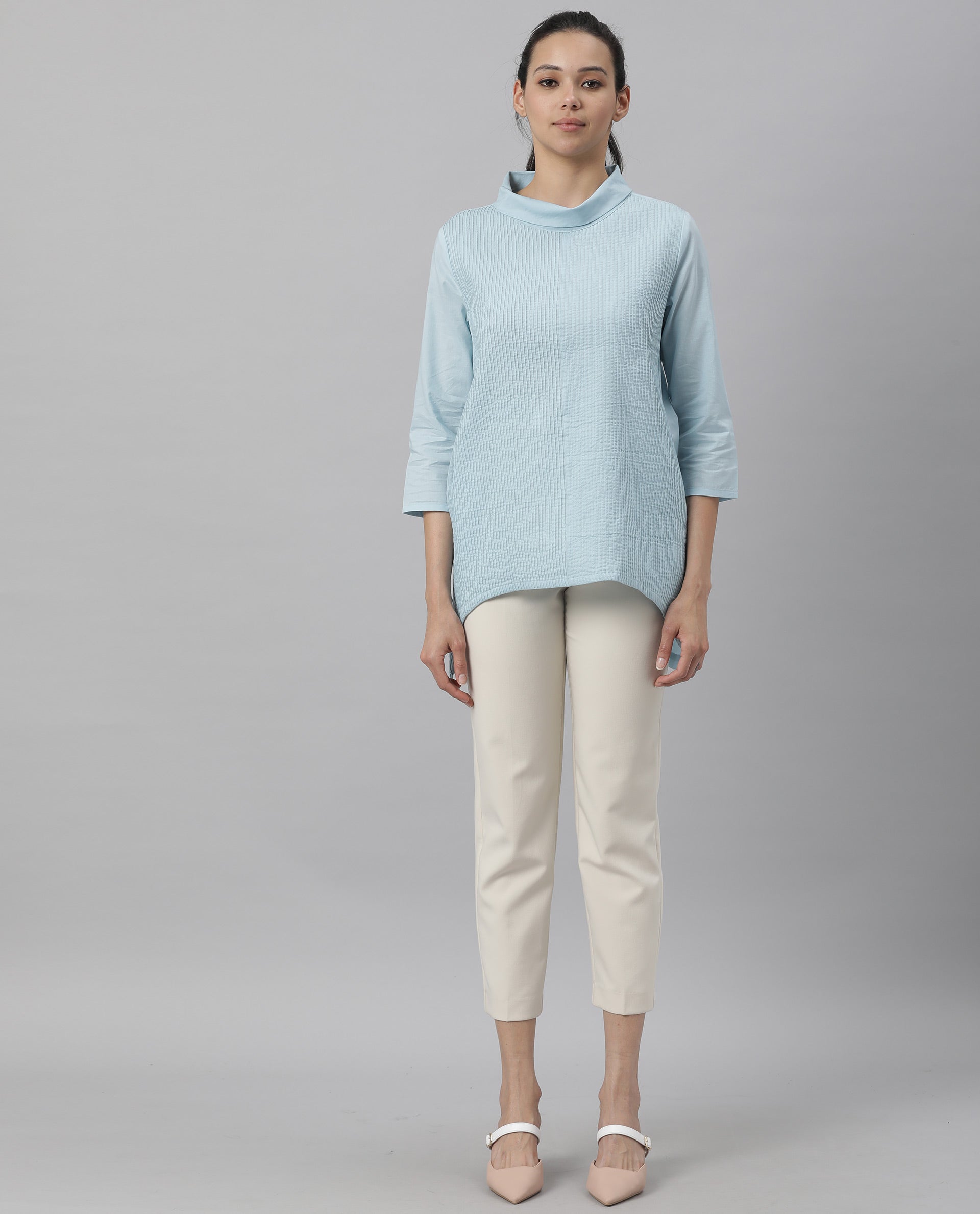 Rareism Women's Printol Blue Cotton Turtle Neck Plain Regular Fit Top
