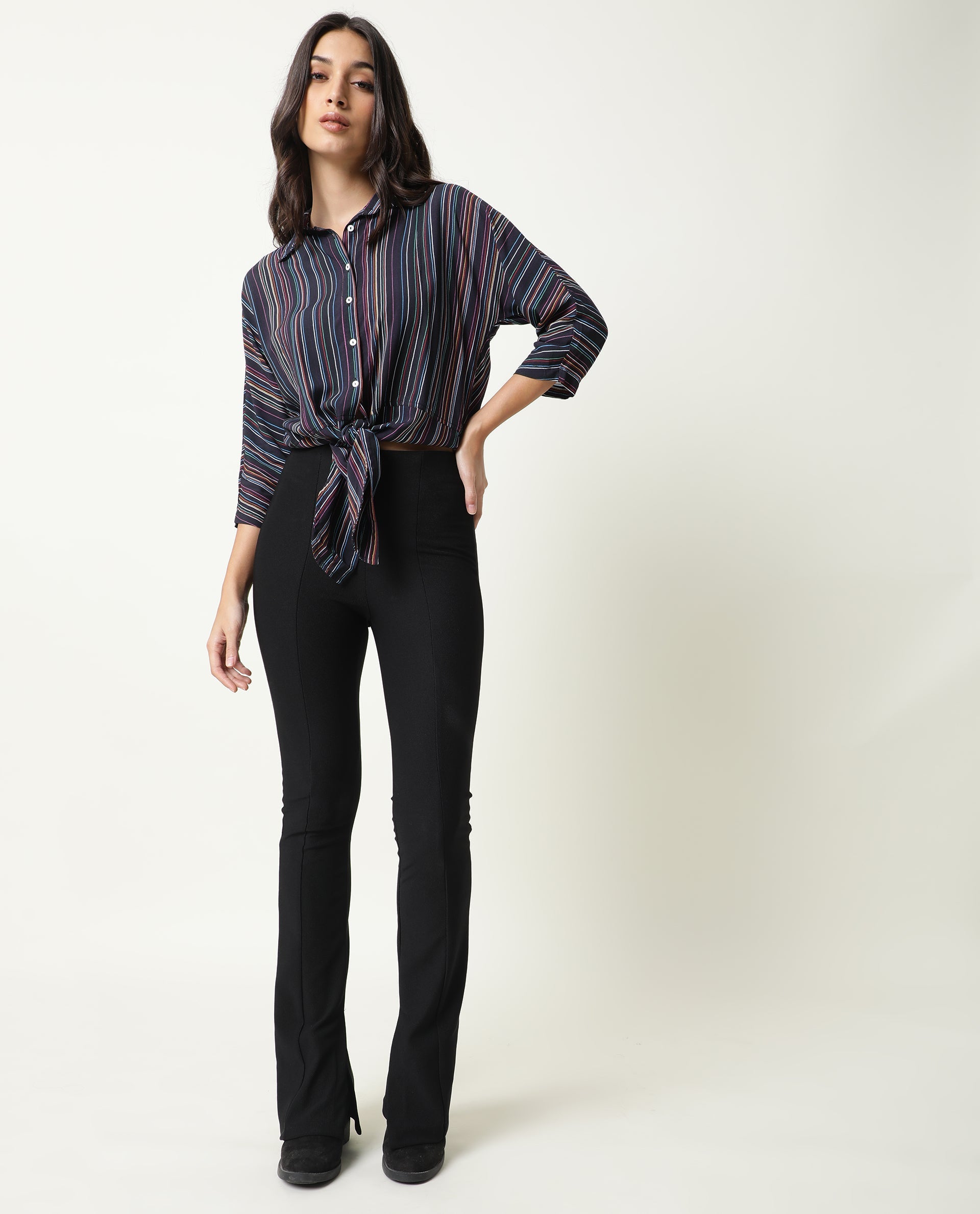 Rareism Women Thesis Black Viscose Fabric Relaxed Fit Collarless 3/4Th Sleeves Striped Top