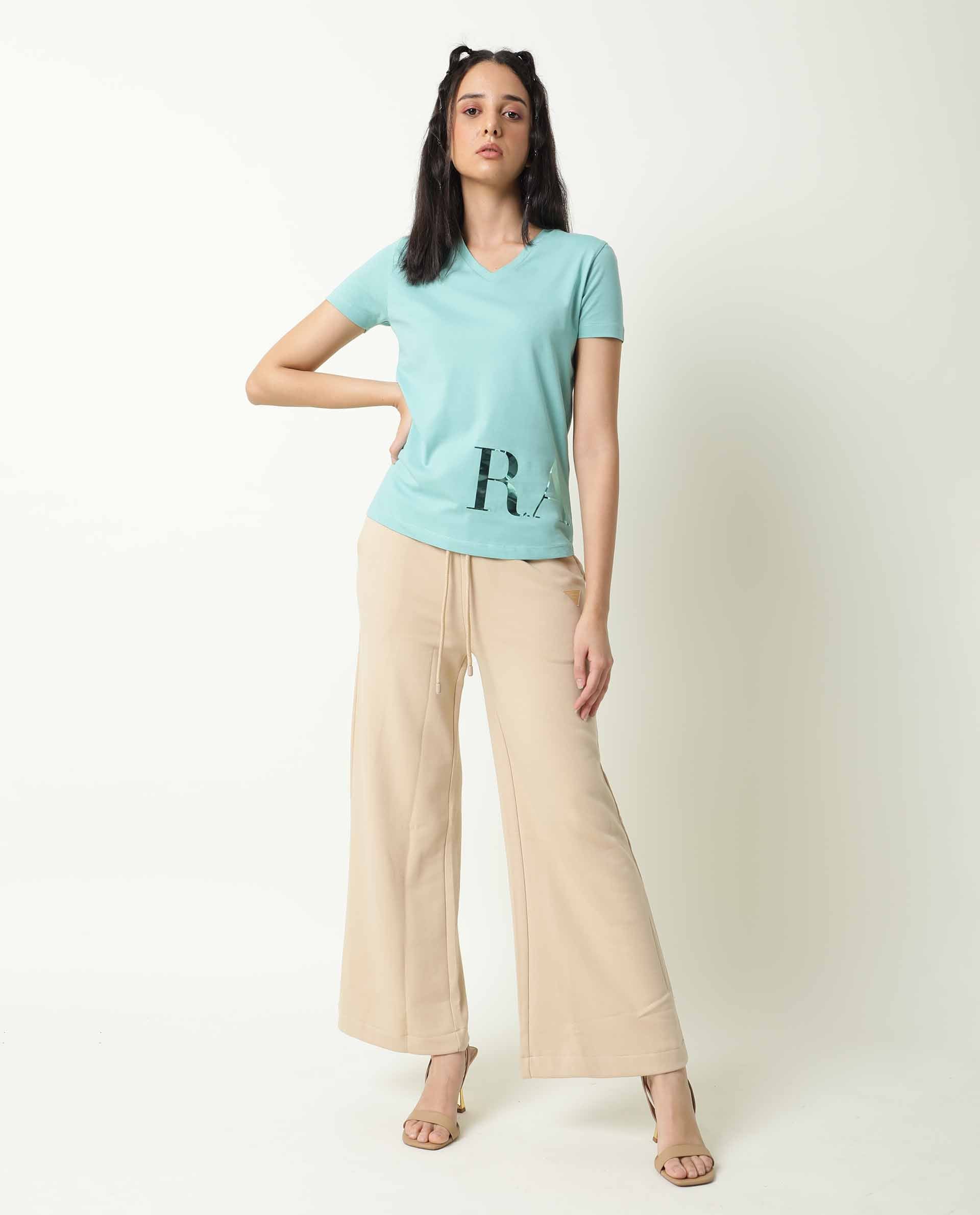 Rareism Women's Donovan Green Cotton Crew Neck Graphic Print Regular Fit T-Shirt