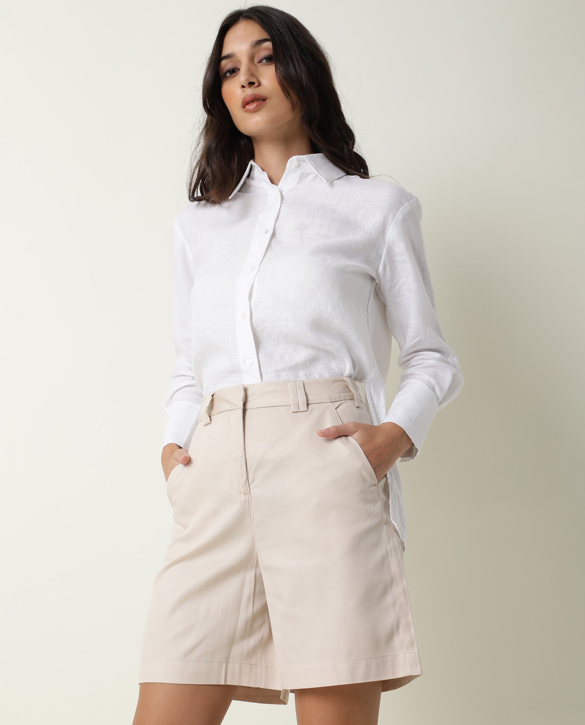 Rareism Women Lamar Beige Cotton Fabric Relaxed Fit Solid High Rise Shorts