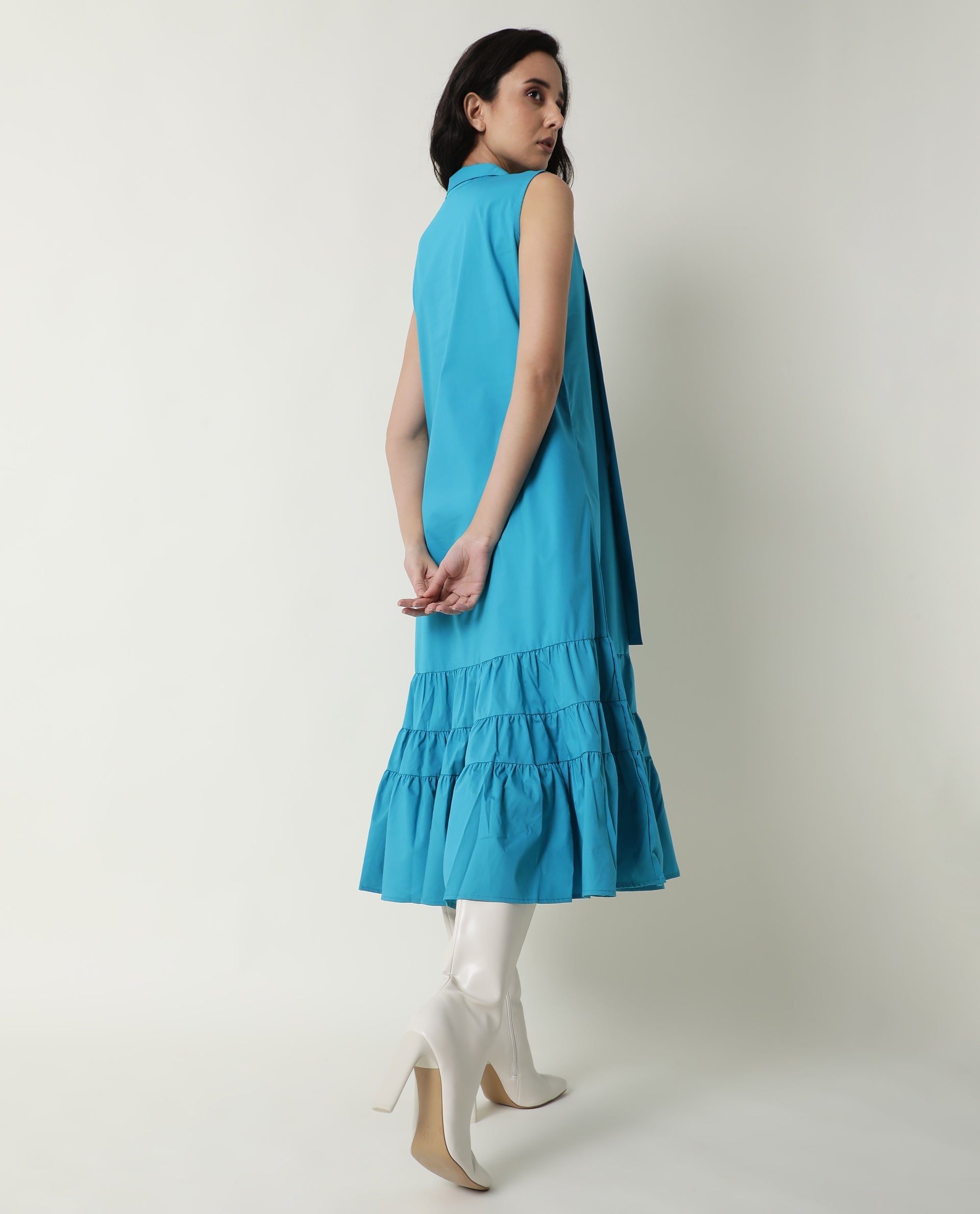Rareism Women's Gino Blue Polyester Blend Tie-Up Neck Plain Sleeveless Knee Length Regular Fit Dress