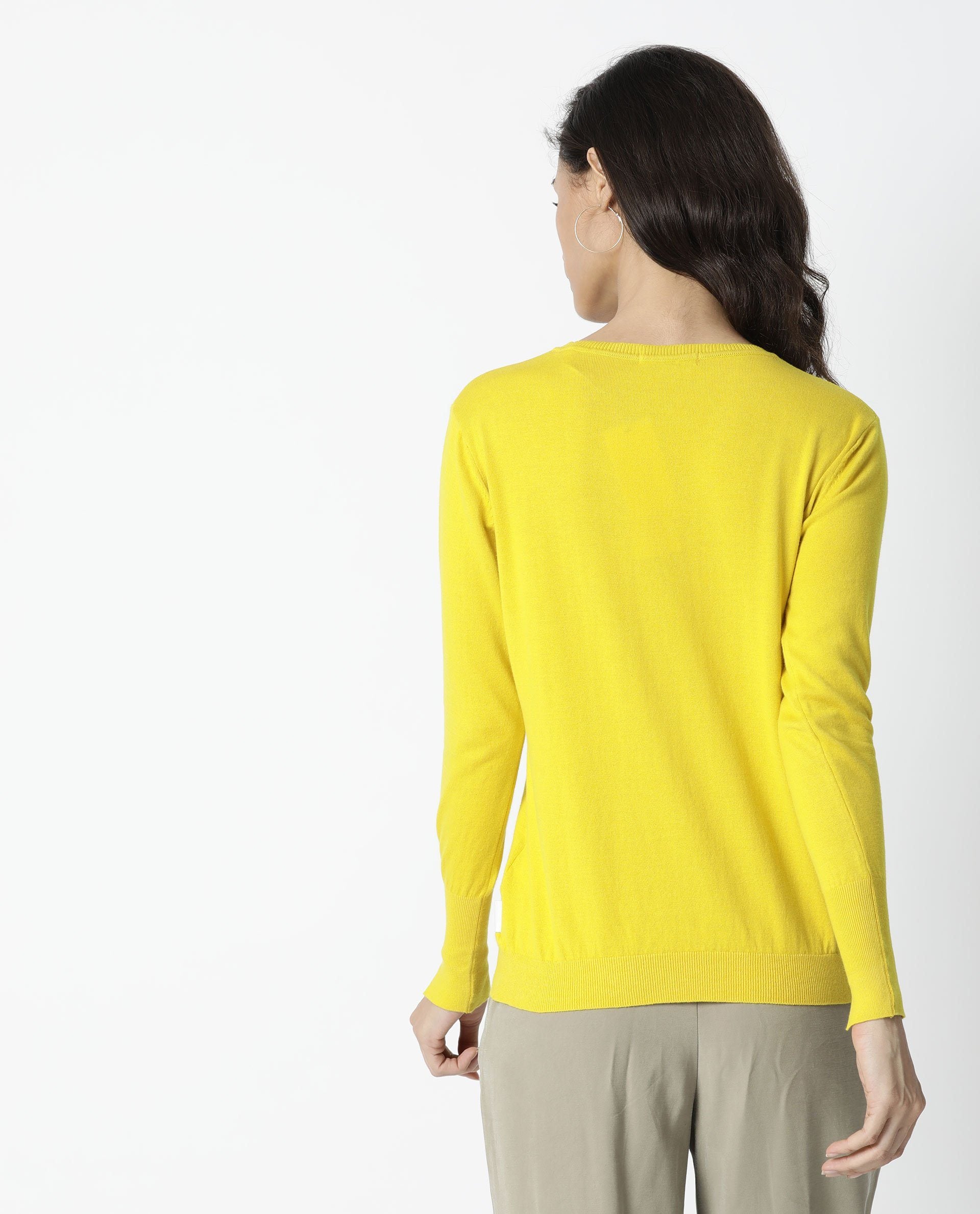 Rareism Women Plum Yellow Cotton Fabric Full Sleeves Regular Fit Ribbed Ribbed Collar Sweater