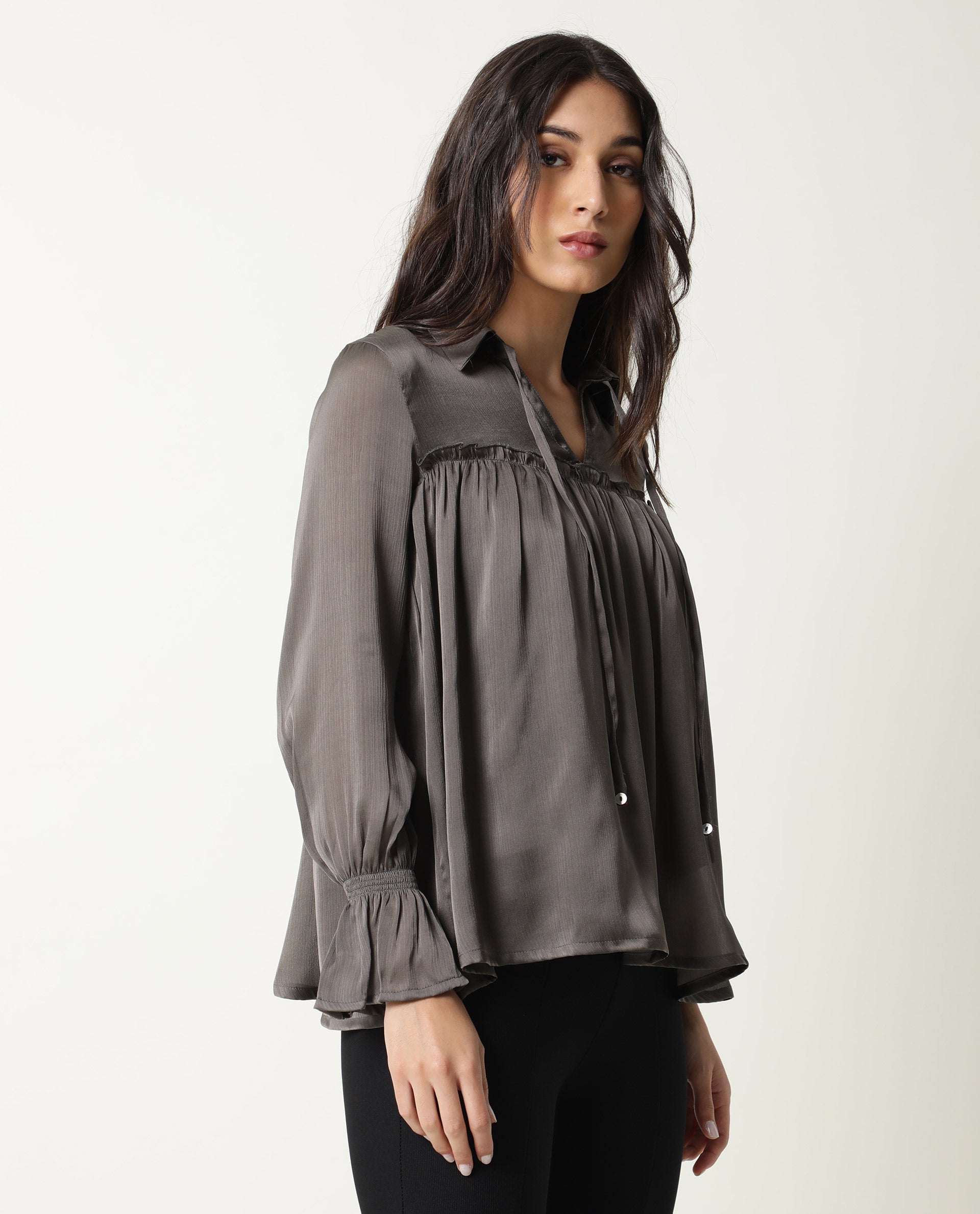 Rareism Womens Poetess Grey Top Polyester Fabric Full Sleeve Key Hole Neck