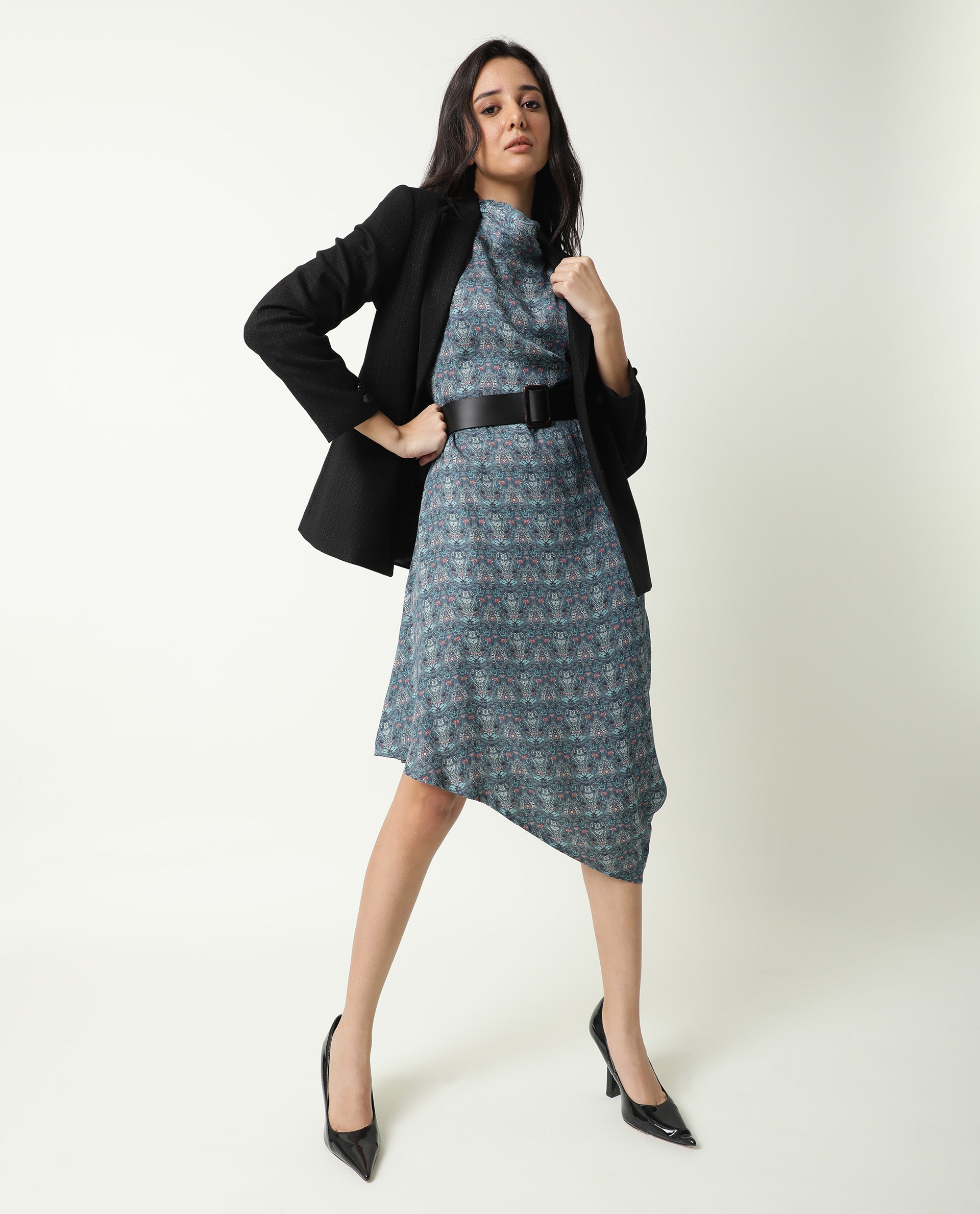 Rareism Women Hairen Grey Abstract Print Band Collar 3/4 Sleeves Asymmetric Knee Length Dress