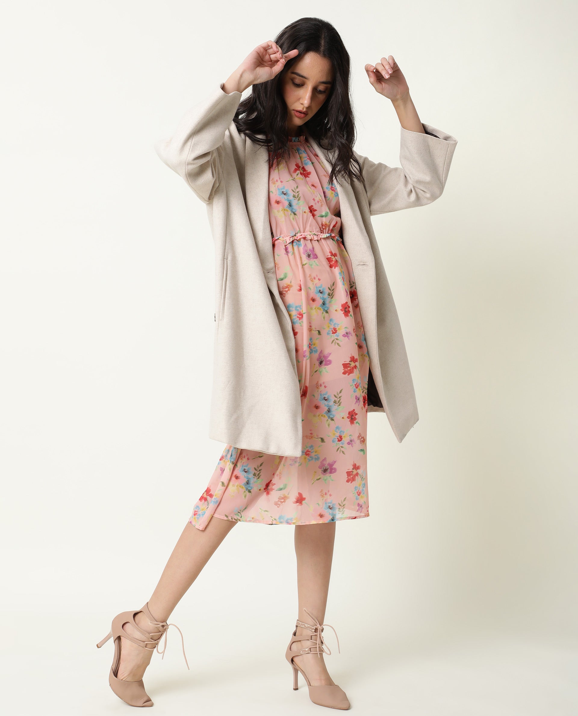 Rareism Women's Sack Peach Viscose Crew Neck Floral Print Sleeveless Knee Length Relaxed Fit Dress