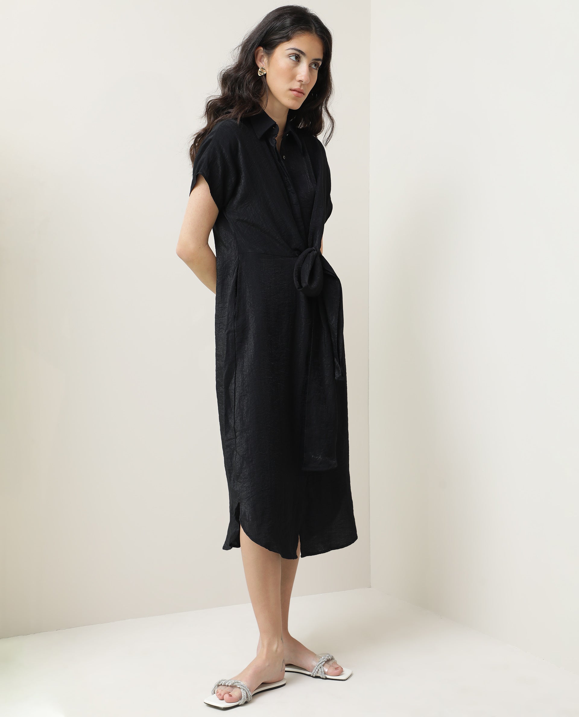 Rareism Women Kori Black Dress Rayon Nylon Fabric Full Sleeves Solid