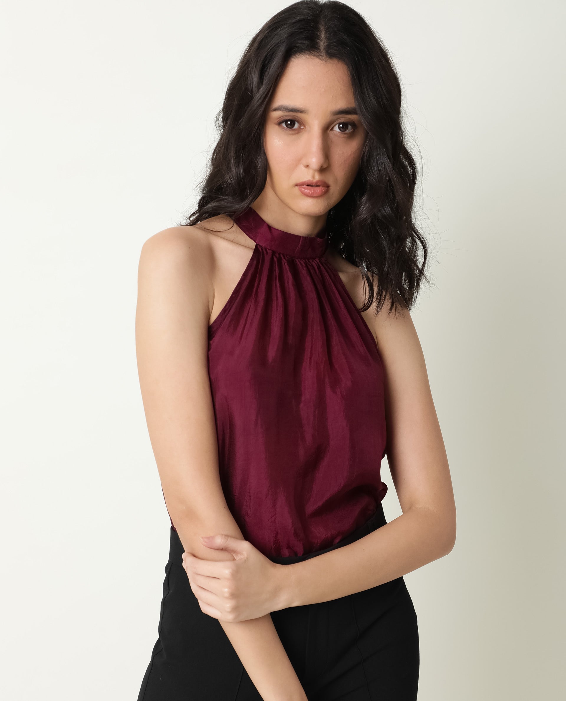 Rareism Womens Sahano Maroon Top Poly Viscose Fabric Sleeveless Halter Neck