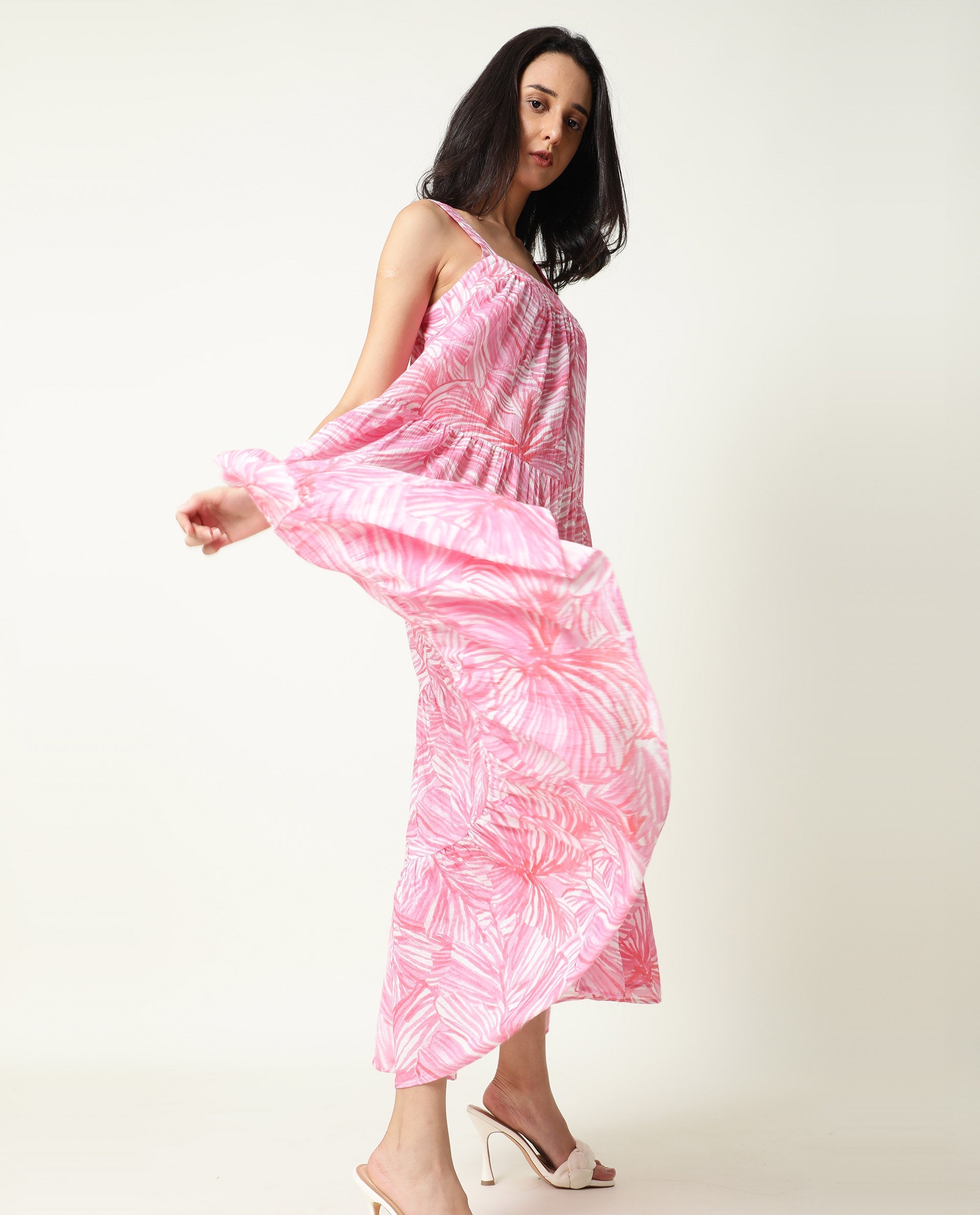 Rareism Women's Toddle Pink Polyester Blend Square Neck Floral Print Shoulder Strap Maxi Flared Dress