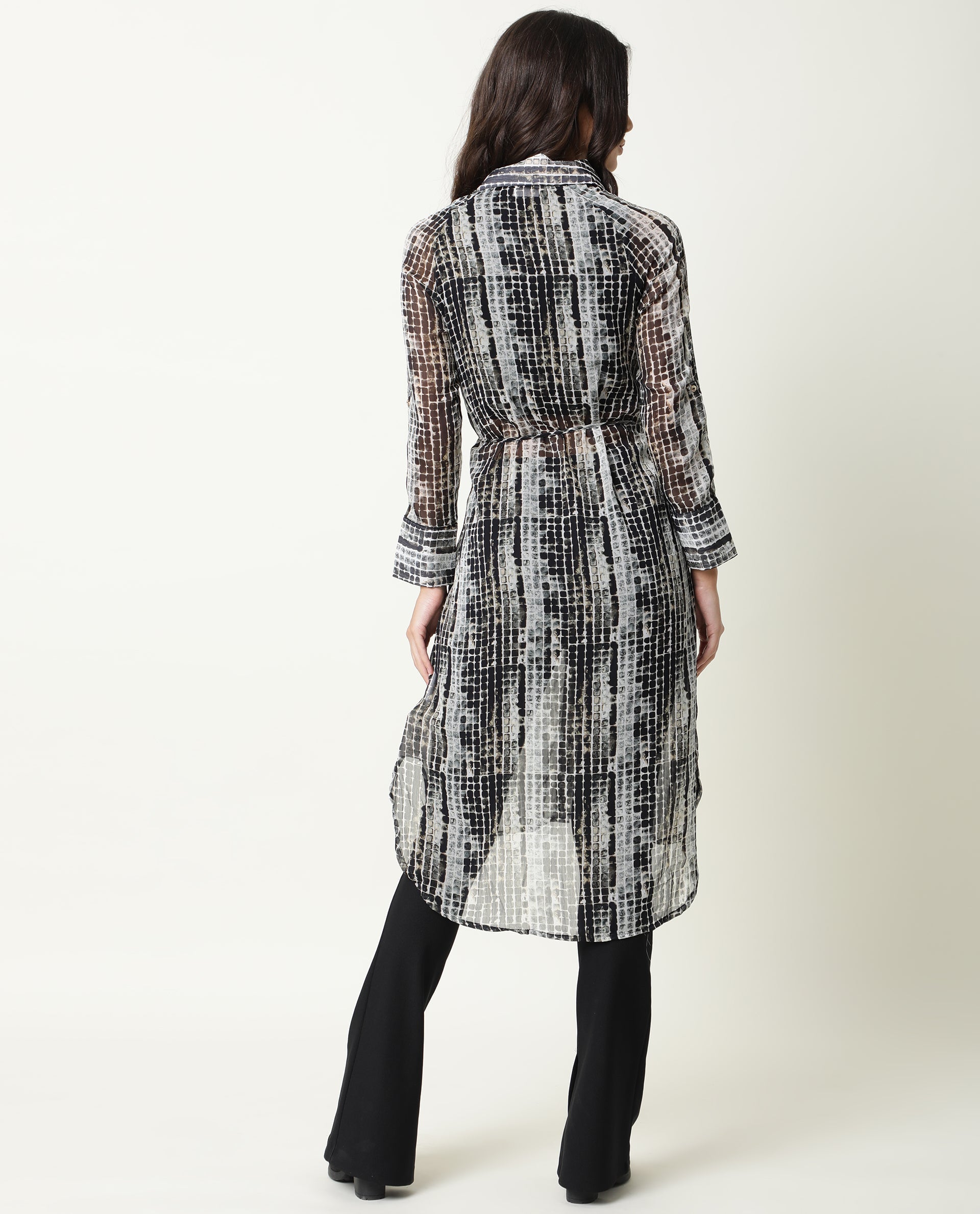 Rareism Women's Ito Black Spread Collar Abstract Print Knee Length Regular Fit Dress