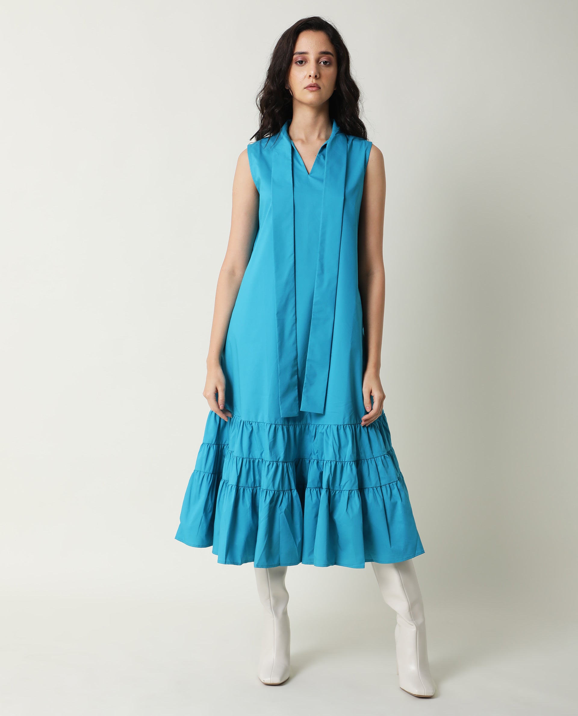 Rareism Women's Gino Blue Polyester Blend Tie-Up Neck Plain Sleeveless Knee Length Regular Fit Dress