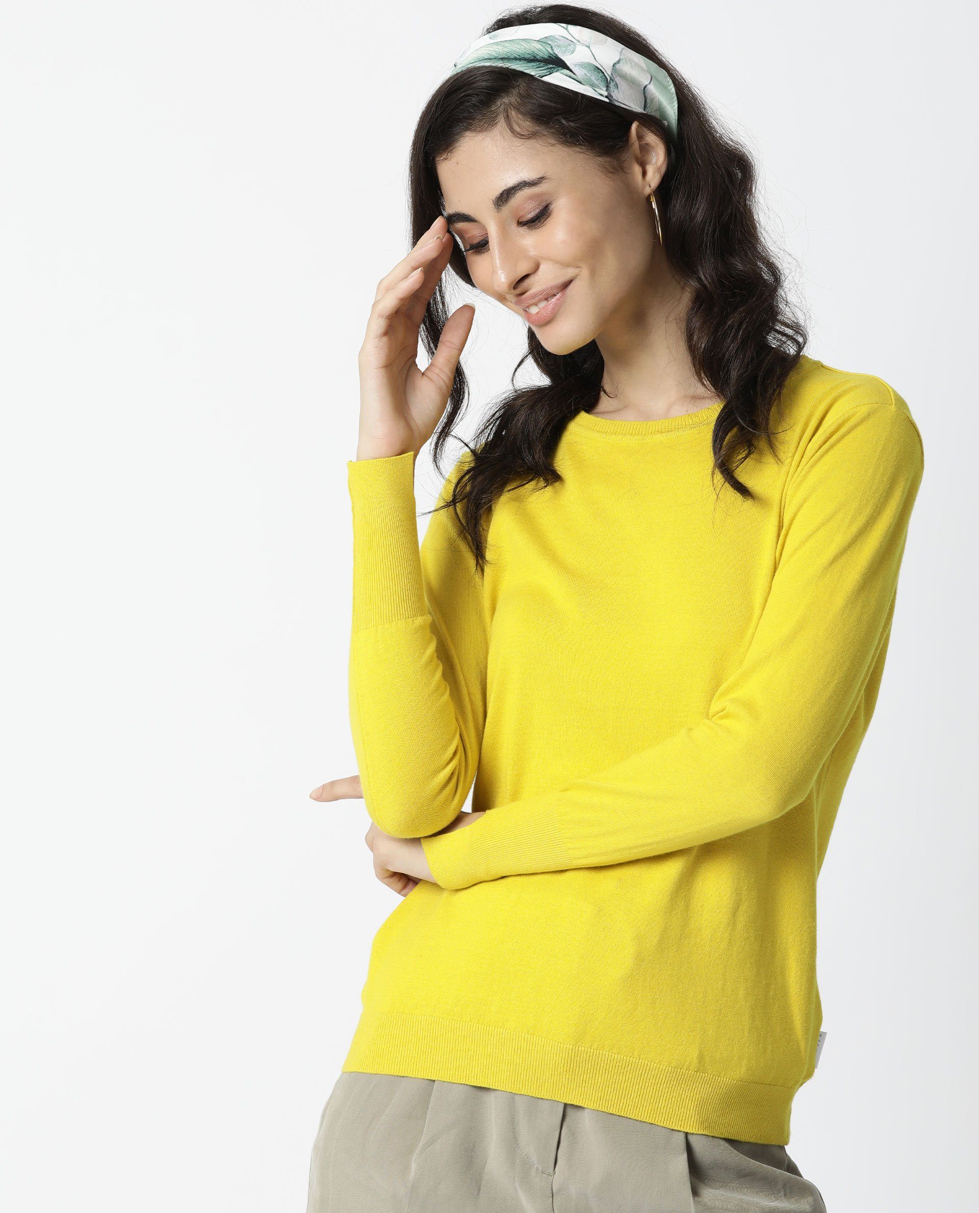 Rareism Women Plum Yellow Cotton Fabric Full Sleeves Regular Fit Ribbed Ribbed Collar Sweater