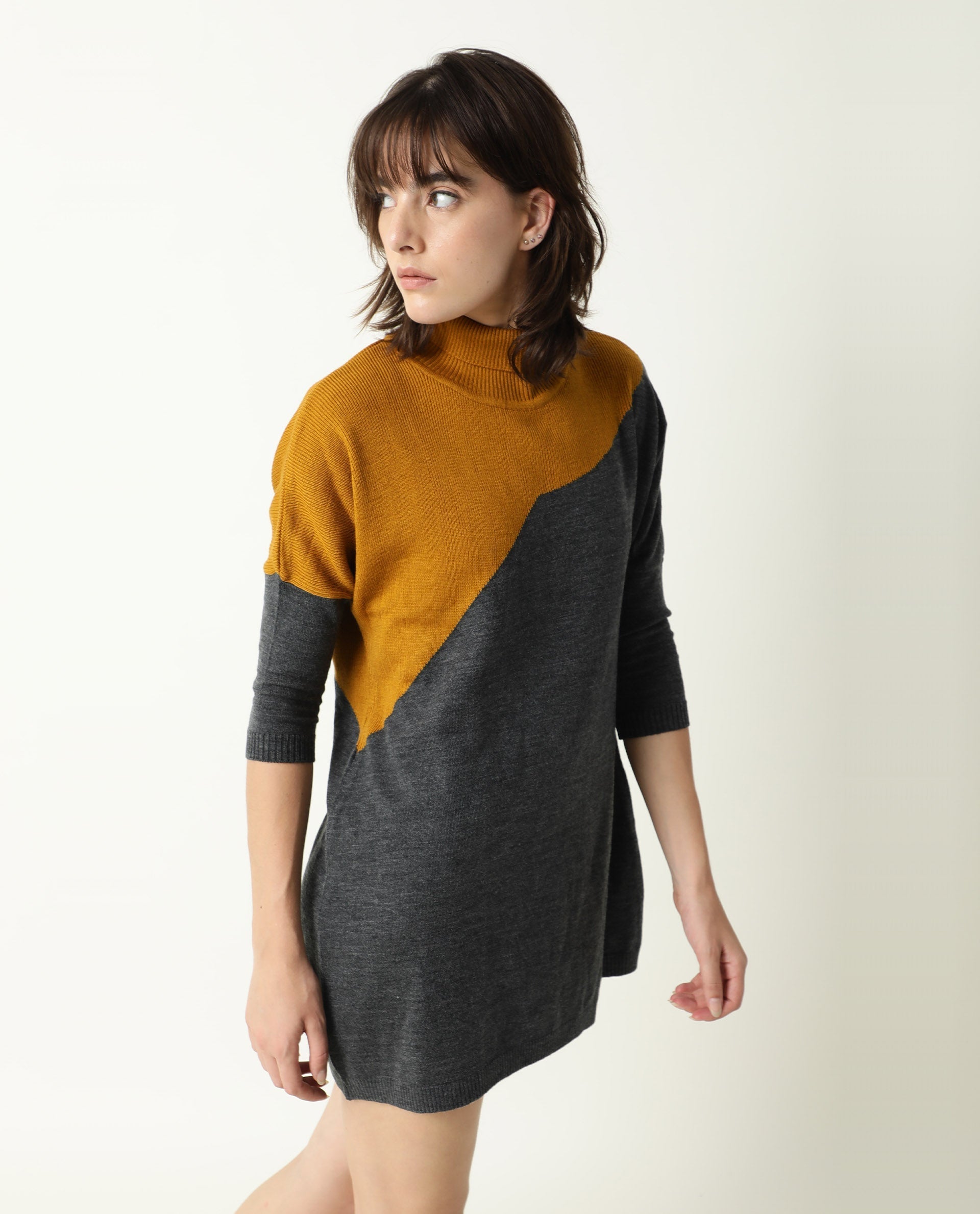 Rareism Women Spaton Grey Acrylic Fabric Full Sleeves Knee Length Regular Fit Color Blocked High Neck Sweater