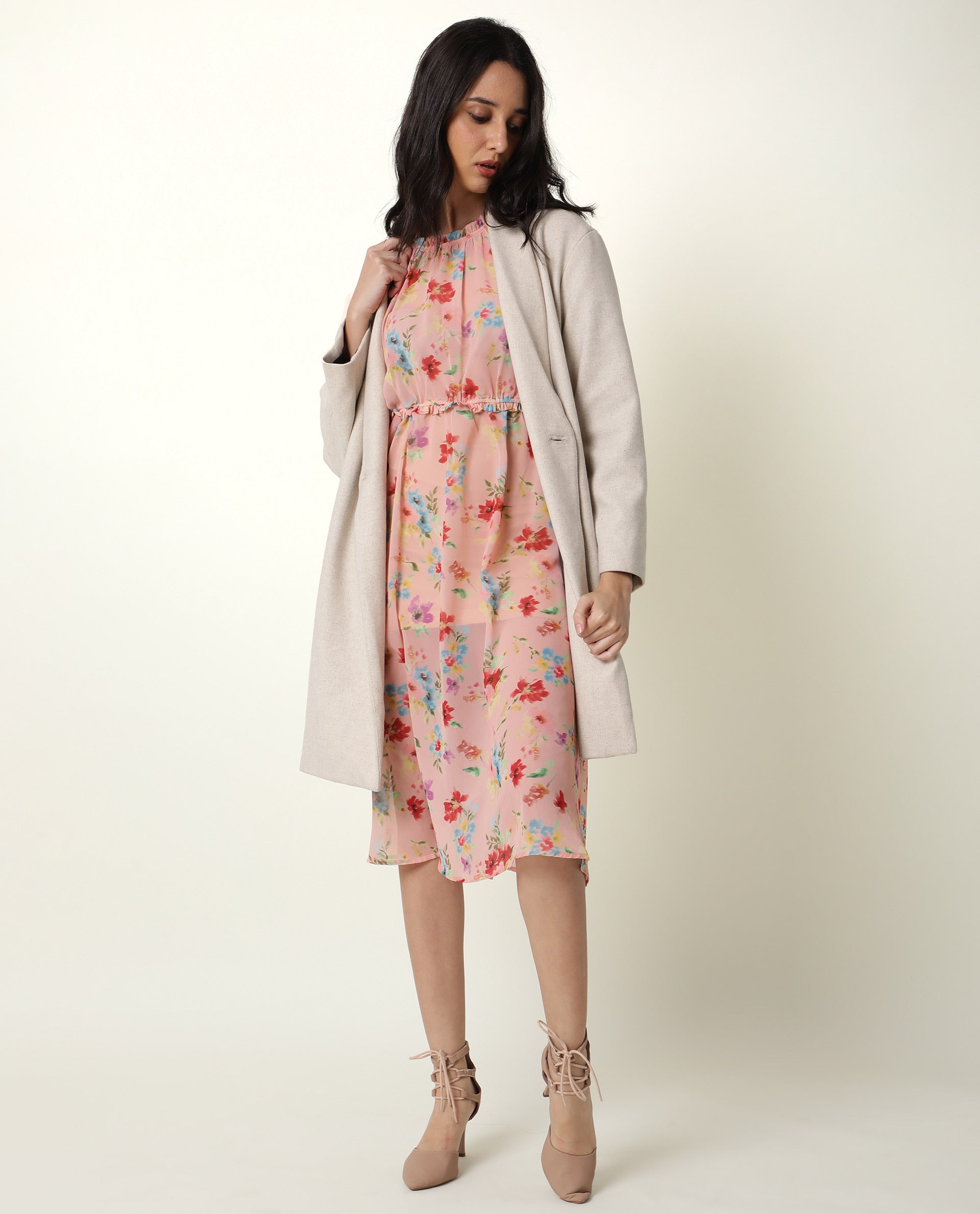 Rareism Women's Sack Peach Viscose Crew Neck Floral Print Sleeveless Knee Length Relaxed Fit Dress